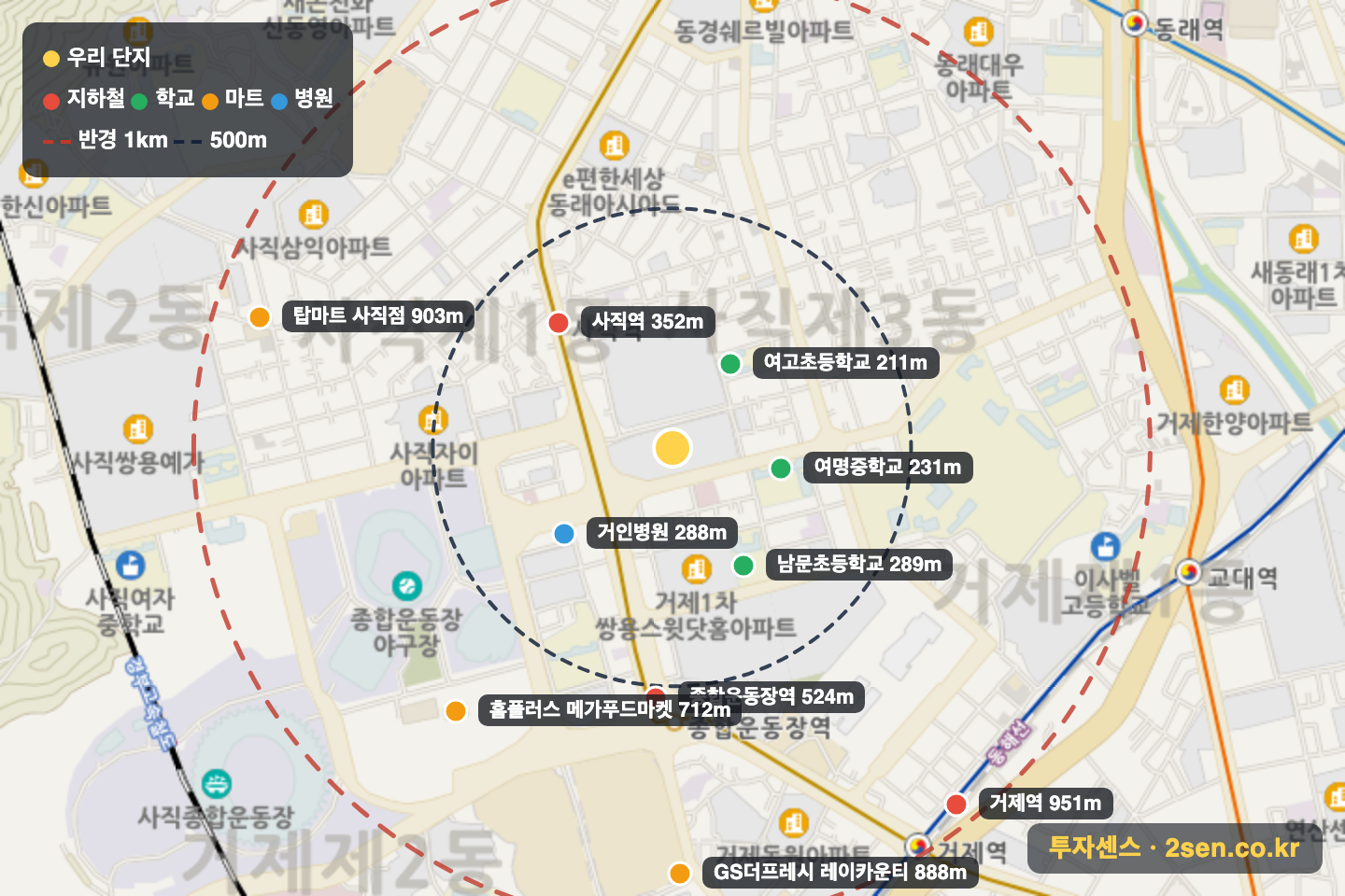 쌍용더플래티넘사직아시아드아파트 반경 1km 입지 지도(지하철·학교·마트)