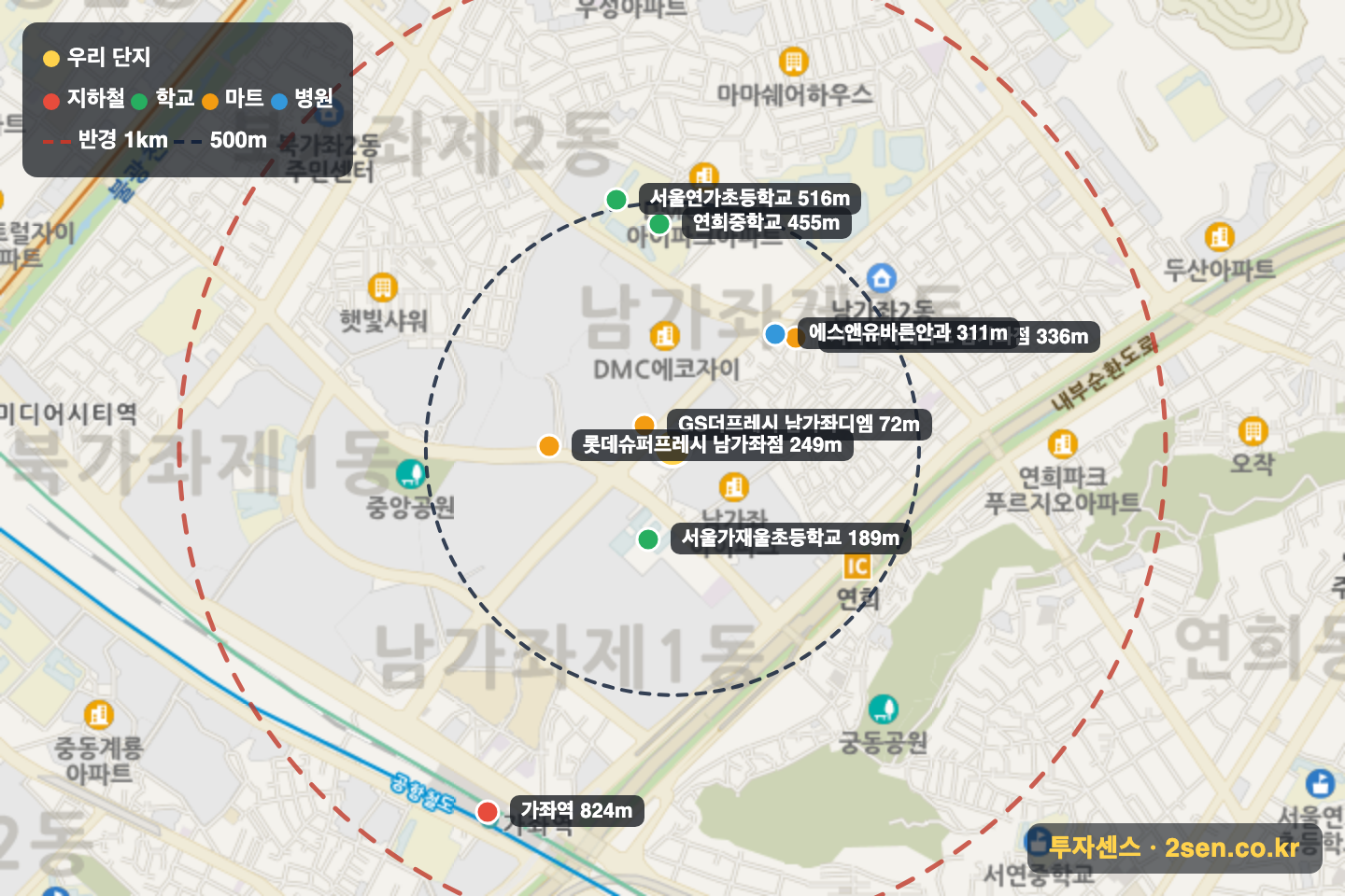 쌍용스윗닷홈 반경 1km 입지 지도(지하철·학교·마트)