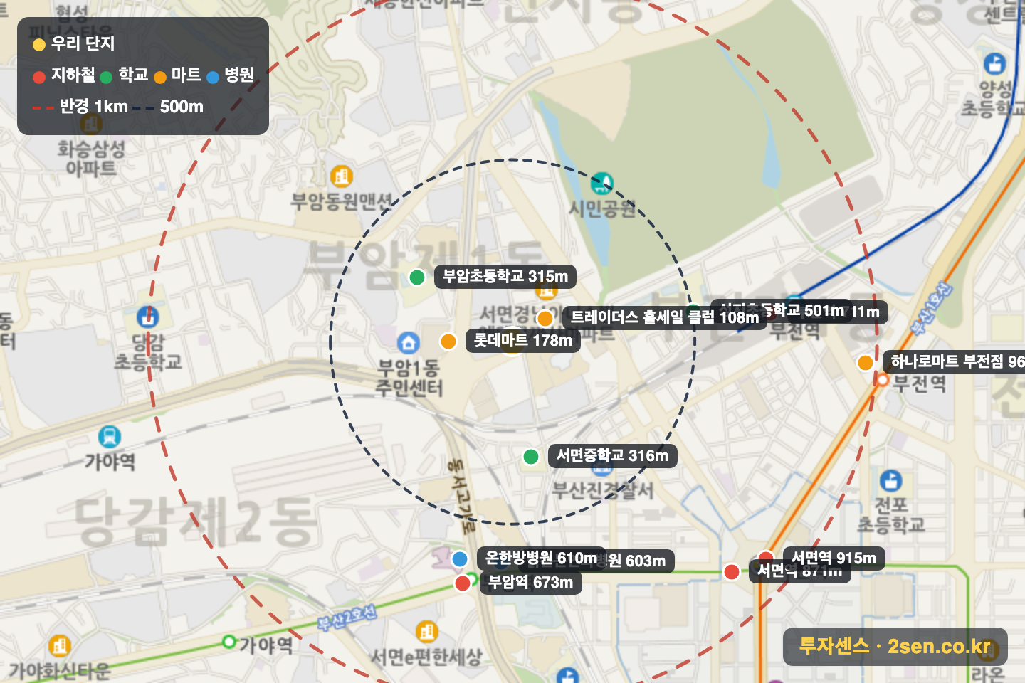 쌍용스윗닷홈스카이 반경 1km 입지 지도(지하철·학교·마트)