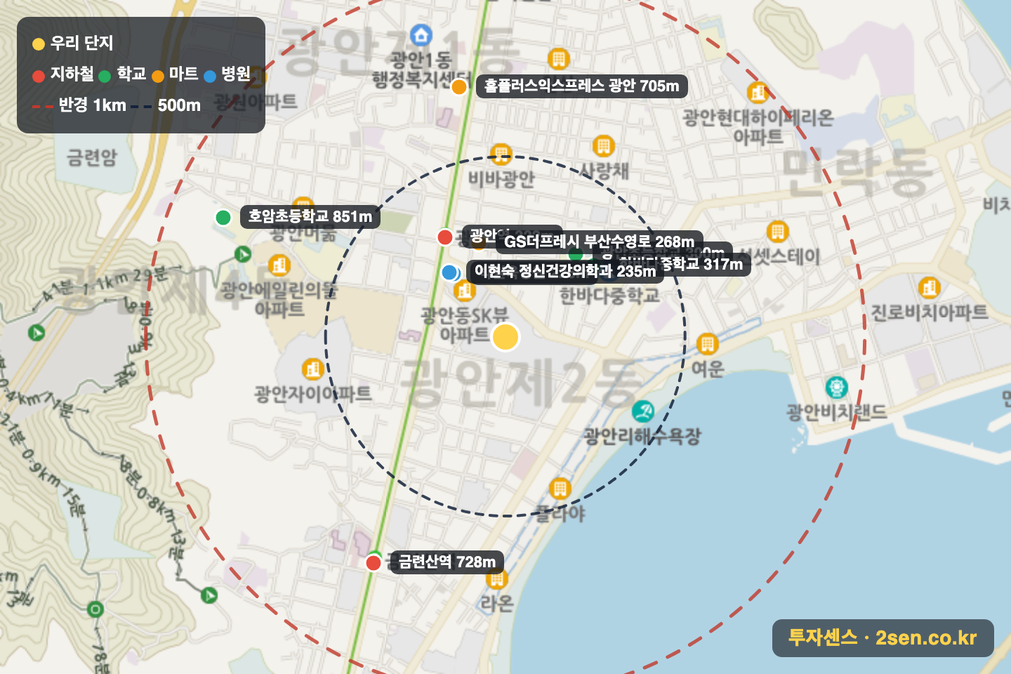쌍용예가디오션 반경 1km 입지 지도(지하철·학교·마트)