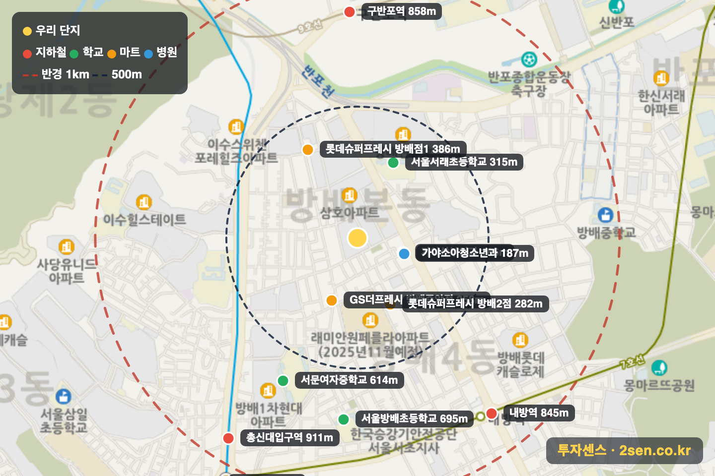 쌍용예가클래식 반경 1km 입지 지도(지하철·학교·마트)
