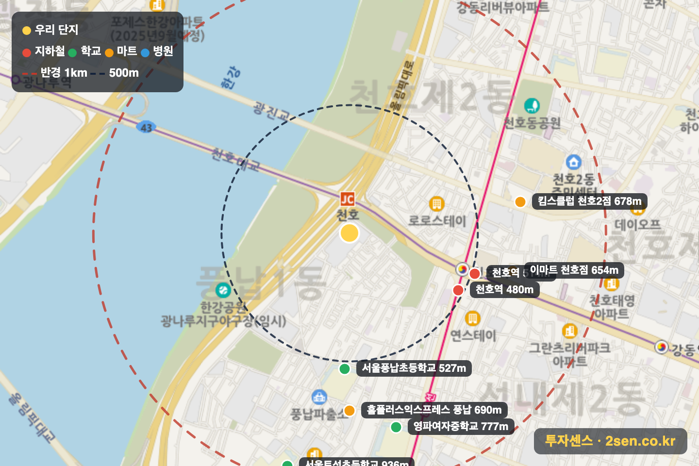 씨티극동1 반경 1km 입지 지도(지하철·학교·마트)