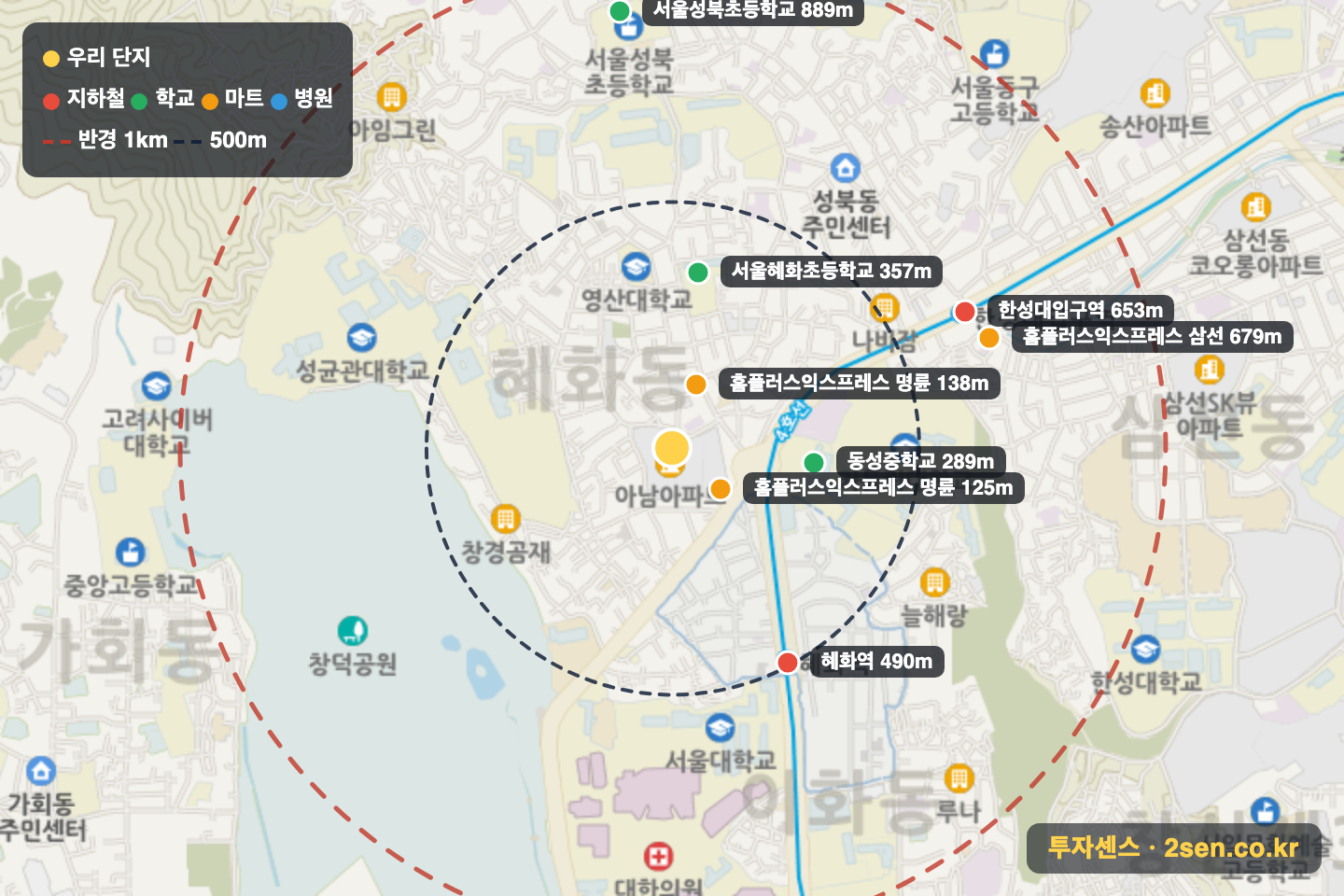 아남2 반경 1km 입지 지도(지하철·학교·마트)