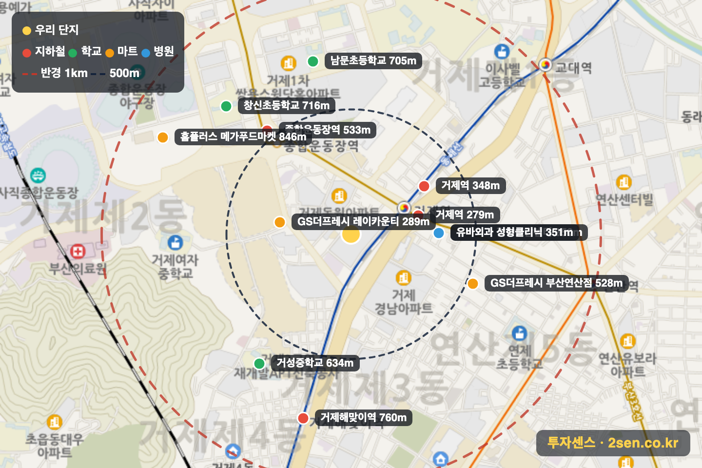 아시아드푸르지오 반경 1km 입지 지도(지하철·학교·마트)