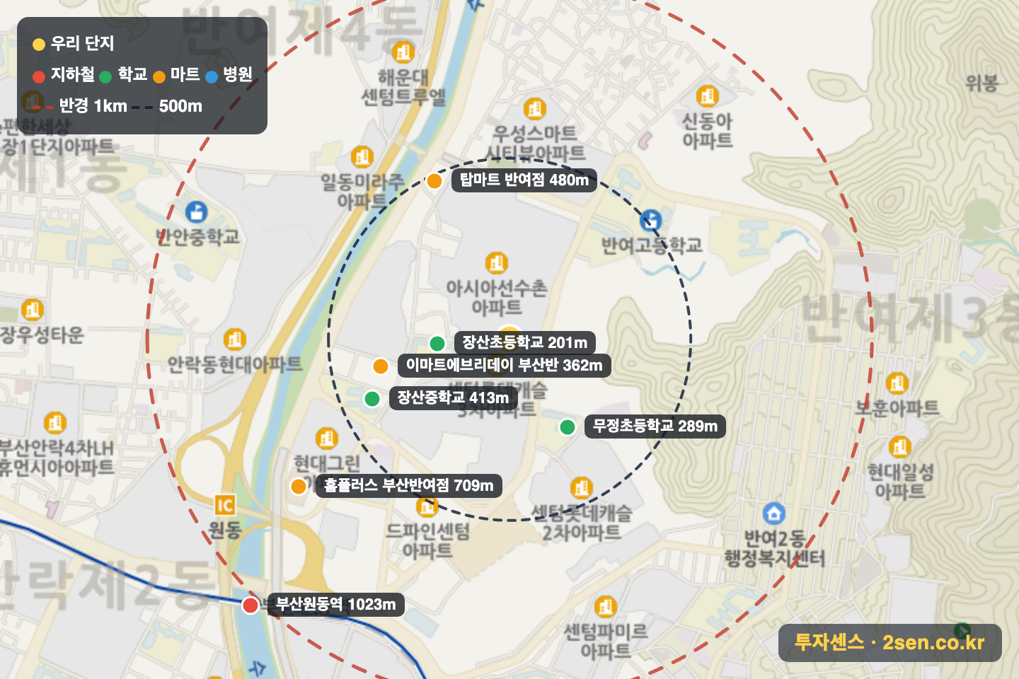 아시아선수촌아파트 반경 1km 입지 지도(지하철·학교·마트)
