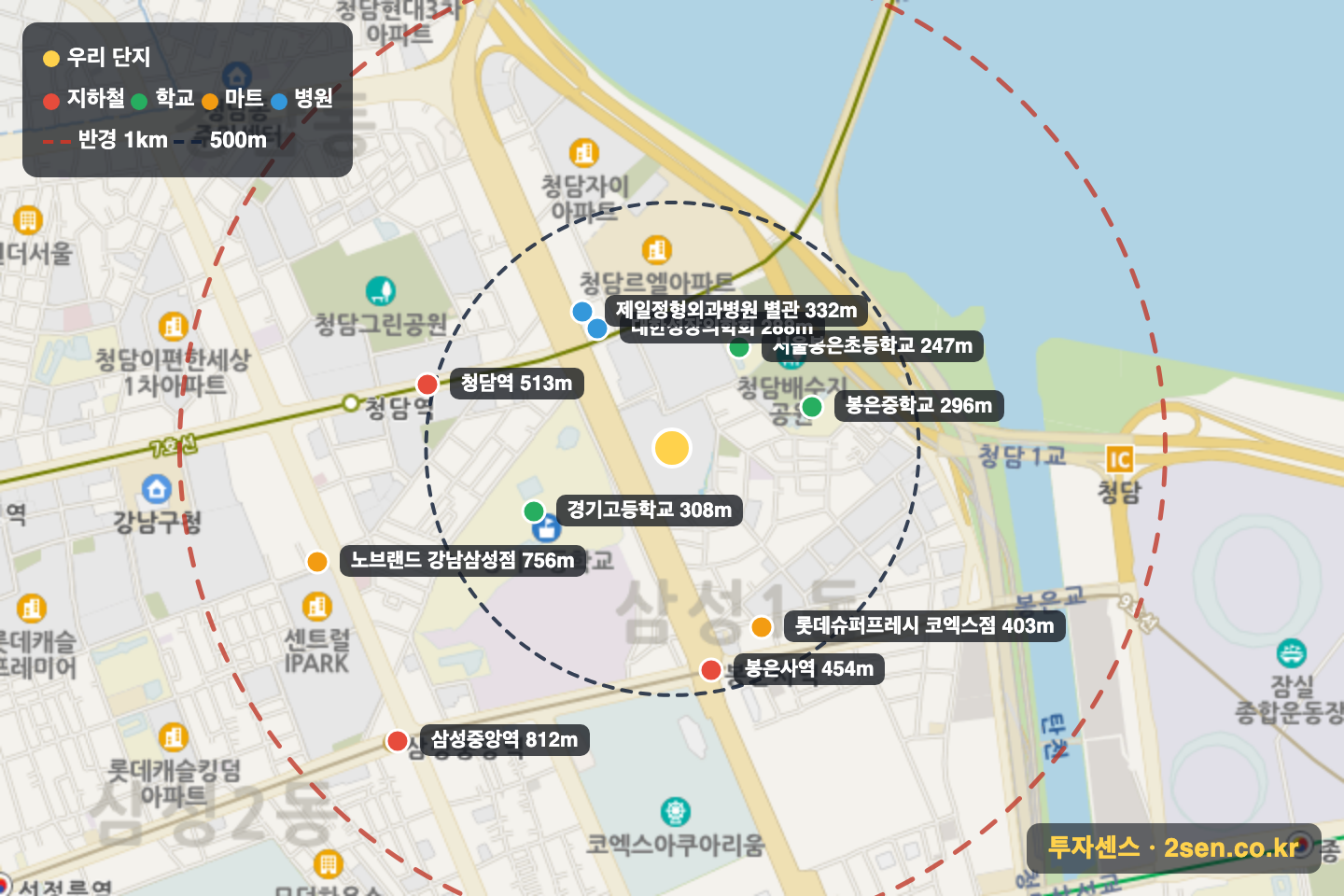 아이파크 반경 1km 입지 지도(지하철·학교·마트)