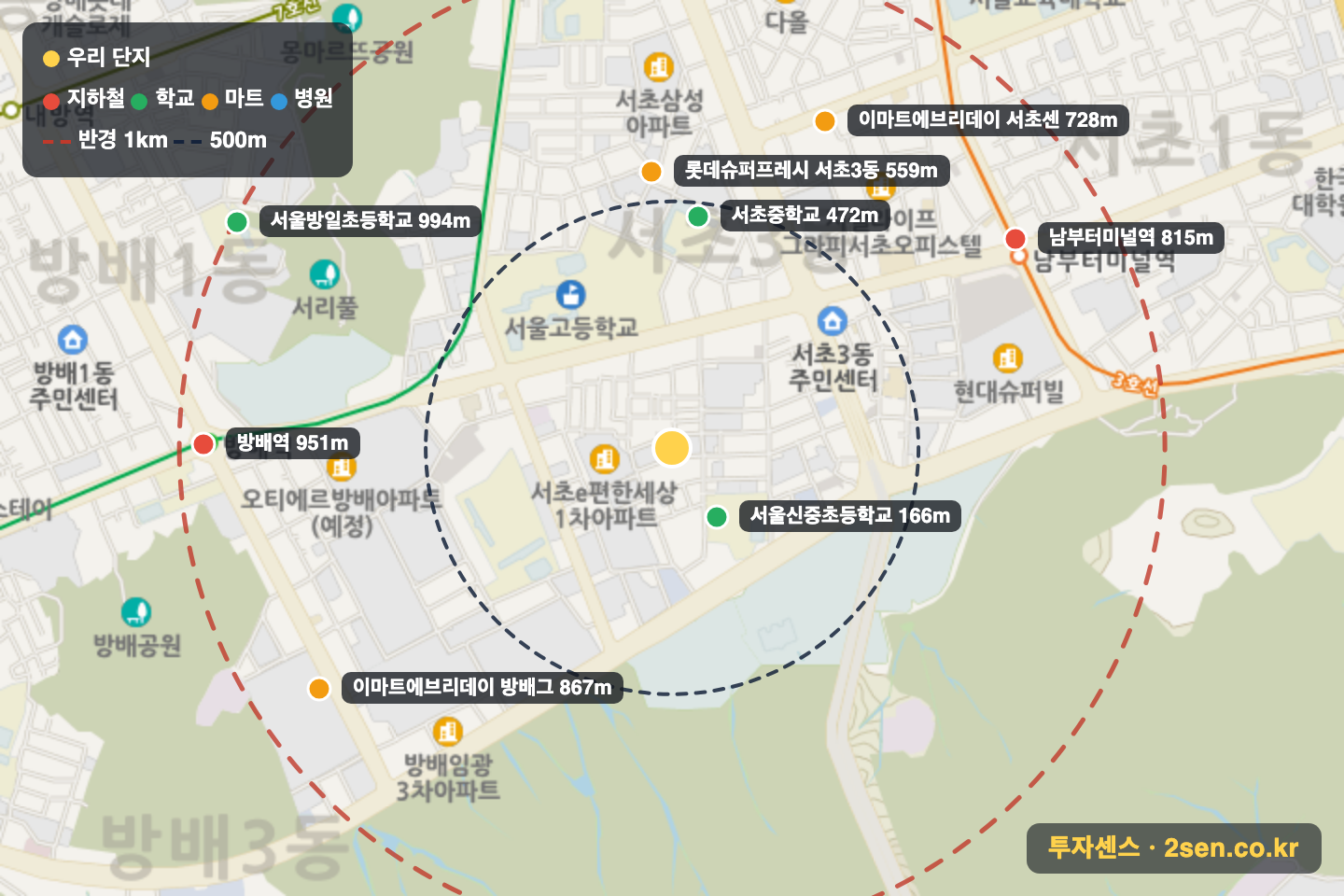 아이파크빌 반경 1km 입지 지도(지하철·학교·마트)
