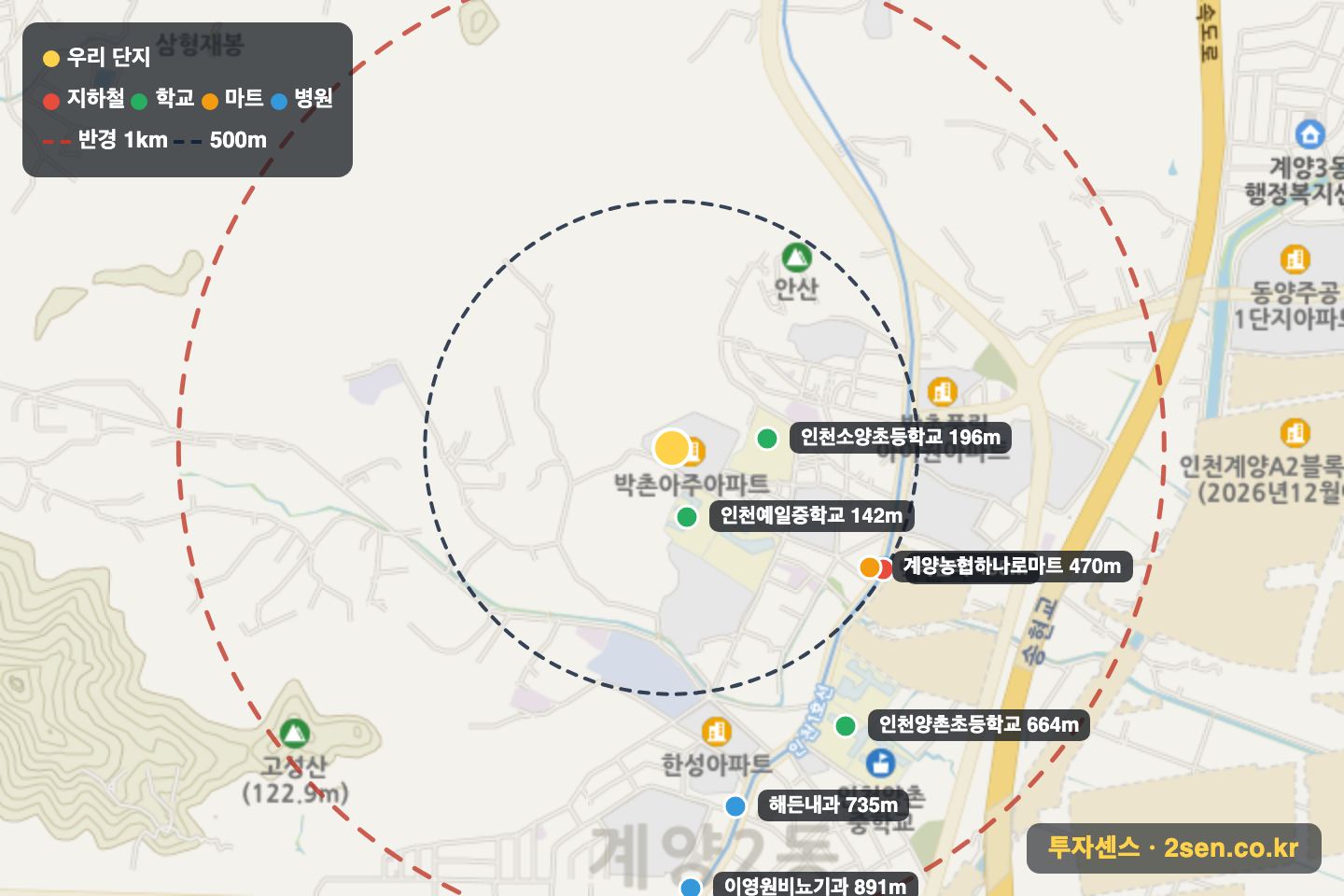 아주 반경 1km 입지 지도(지하철·학교·마트)