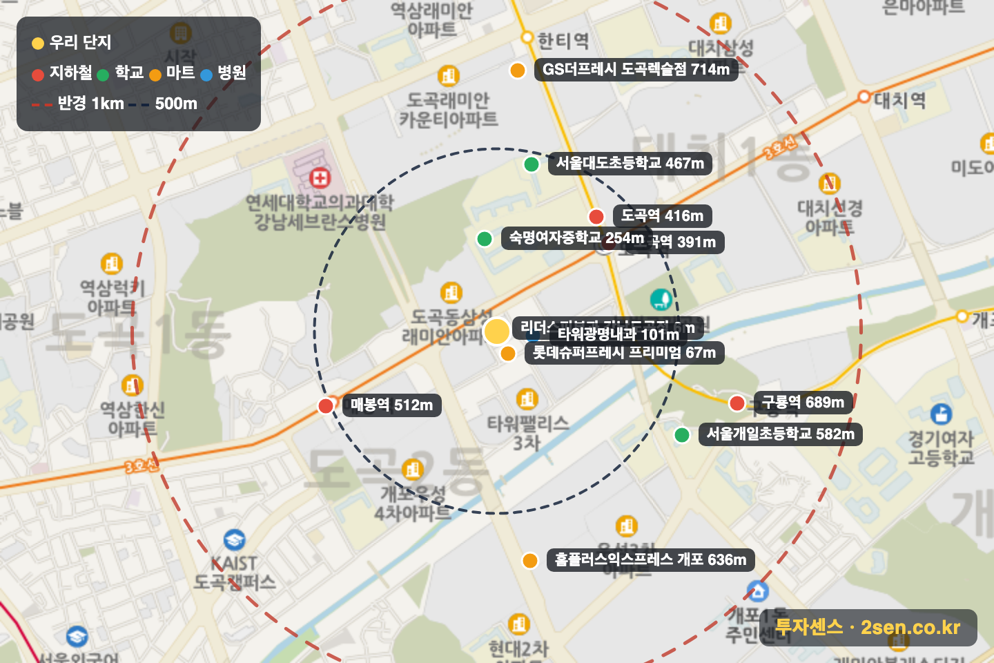 아카데미스위트1 반경 1km 입지 지도(지하철·학교·마트)