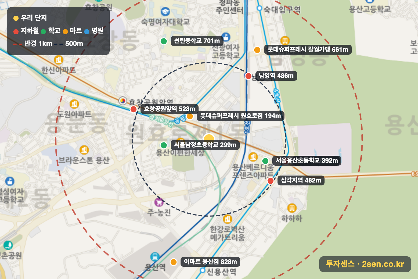 아크로타워 반경 1km 입지 지도(지하철·학교·마트)