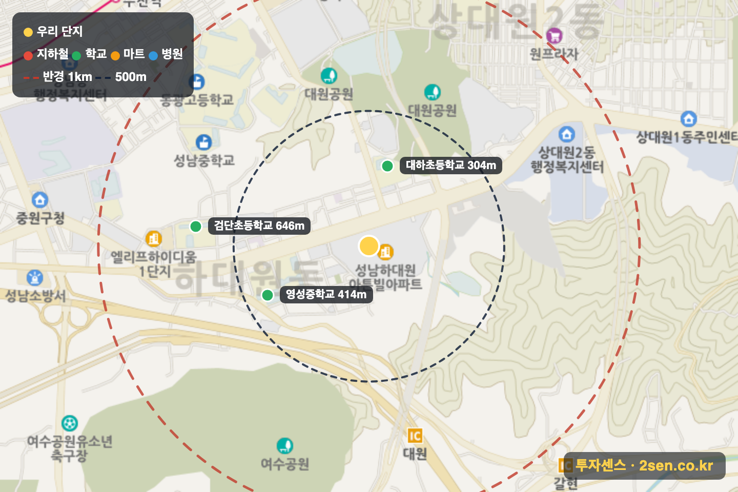 아튼빌 반경 1km 입지 지도(지하철·학교·마트)