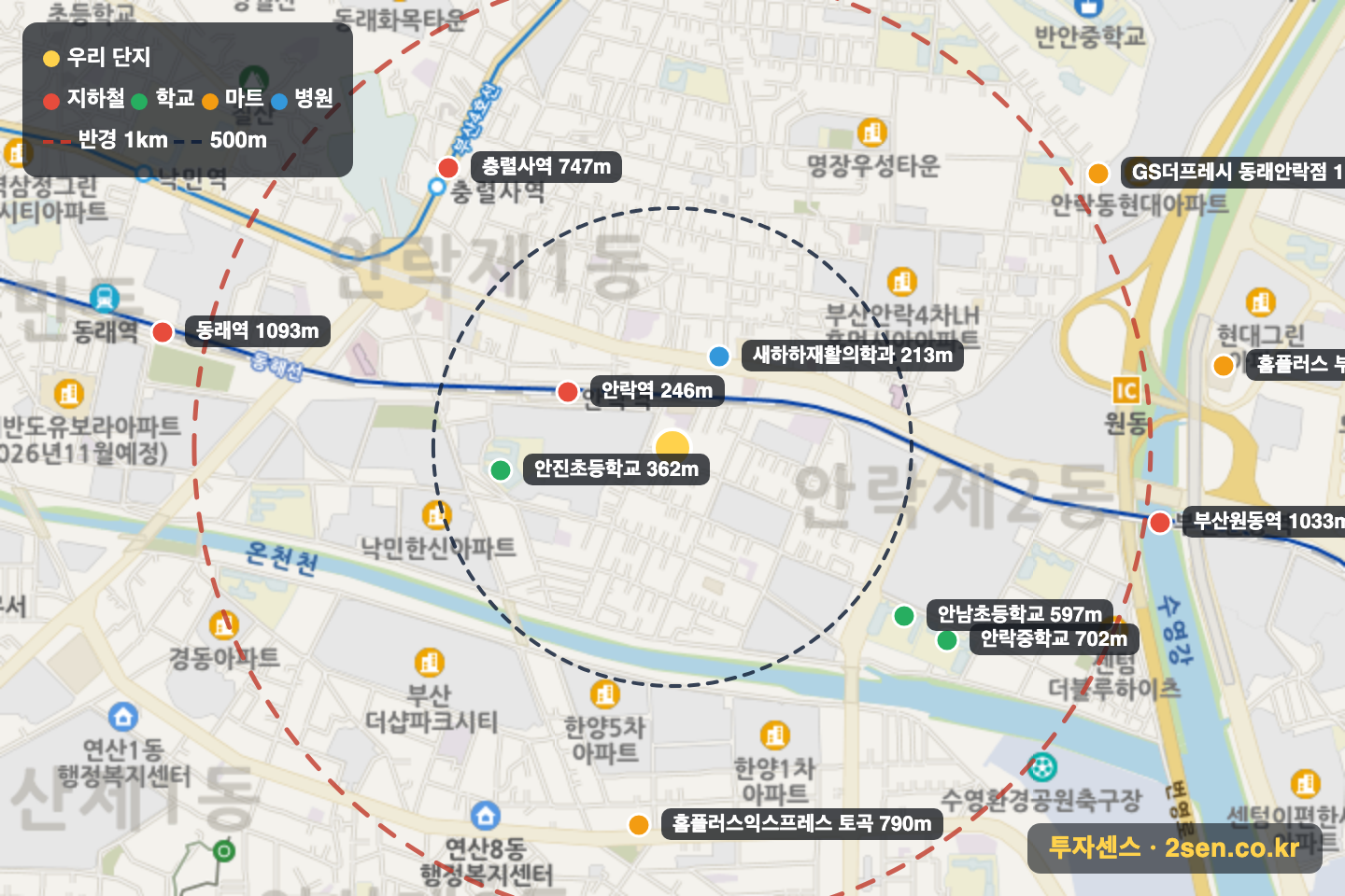 안락스위첸 반경 1km 입지 지도(지하철·학교·마트)