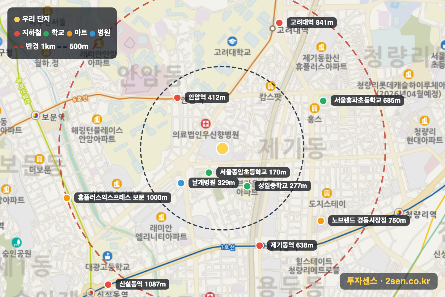 안암골벽산 반경 1km 입지 지도(지하철·학교·마트)