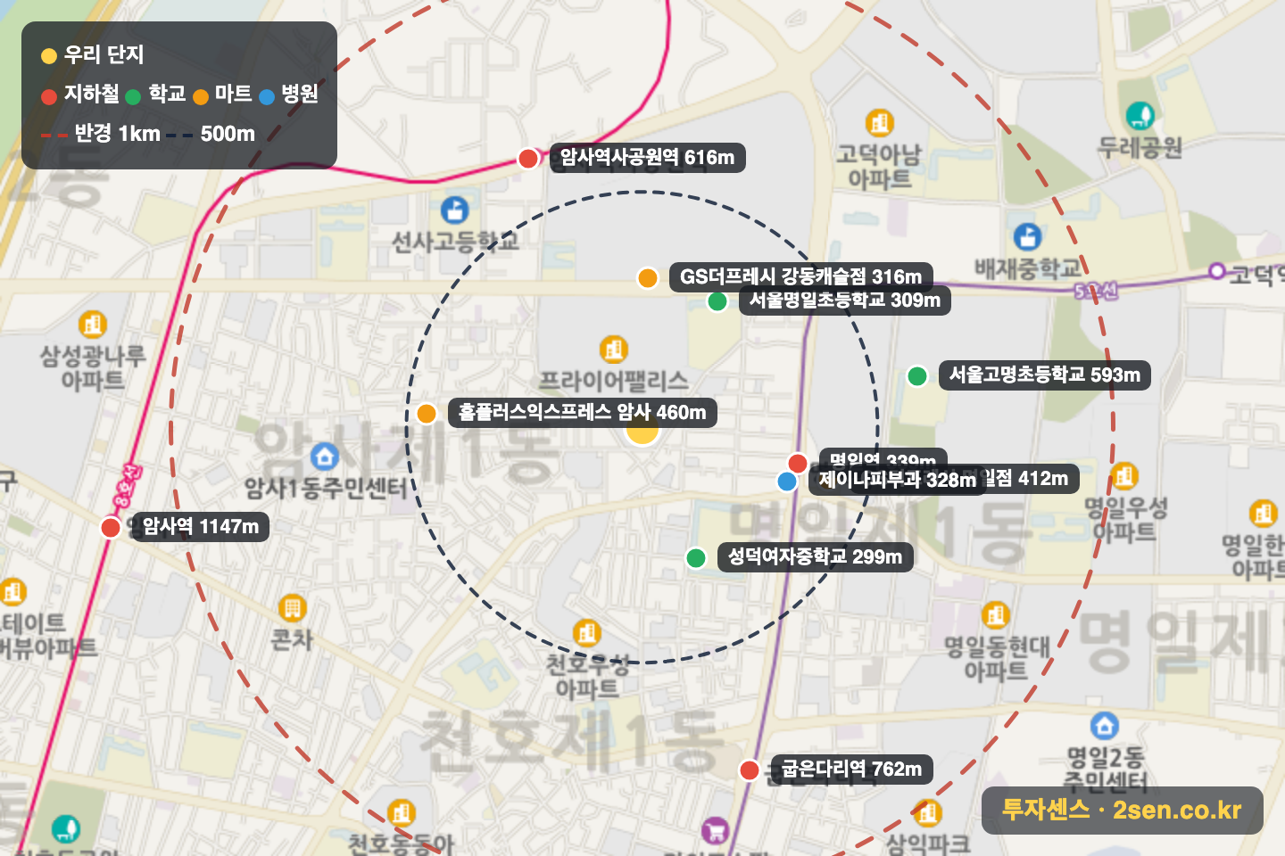암사동한솔 반경 1km 입지 지도(지하철·학교·마트)
