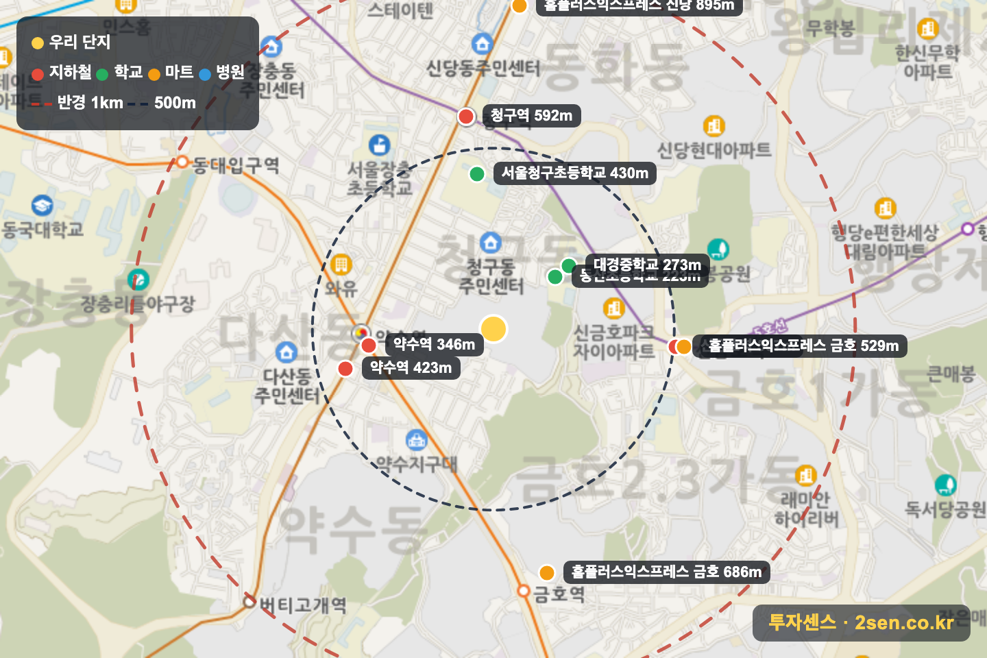 약수하이츠 반경 1km 입지 지도(지하철·학교·마트)
