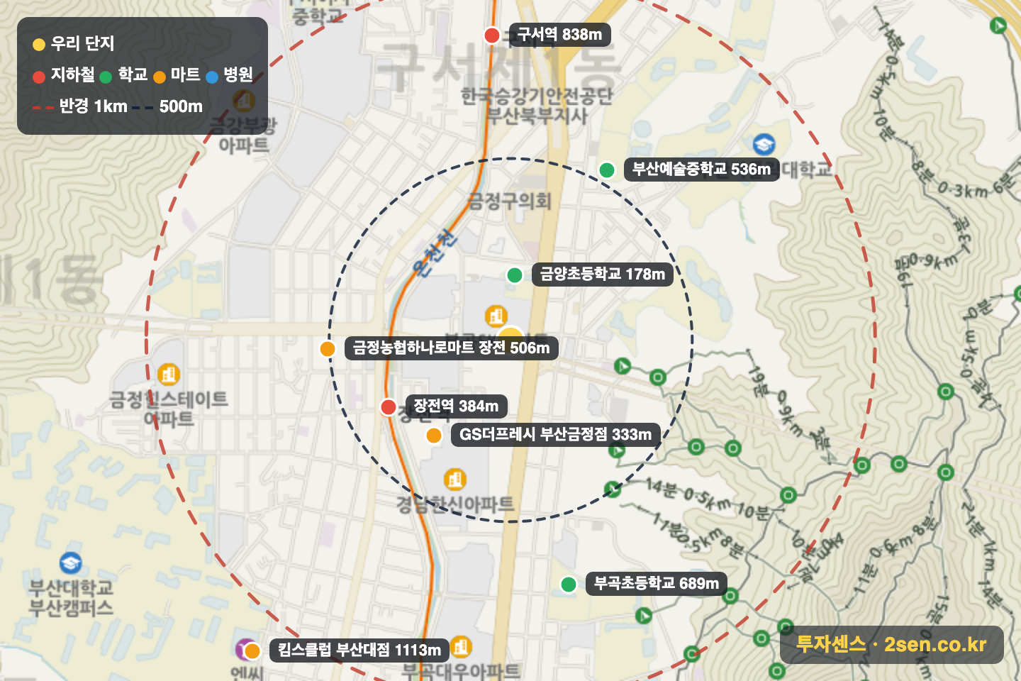 에스케이아파트 반경 1km 입지 지도(지하철·학교·마트)