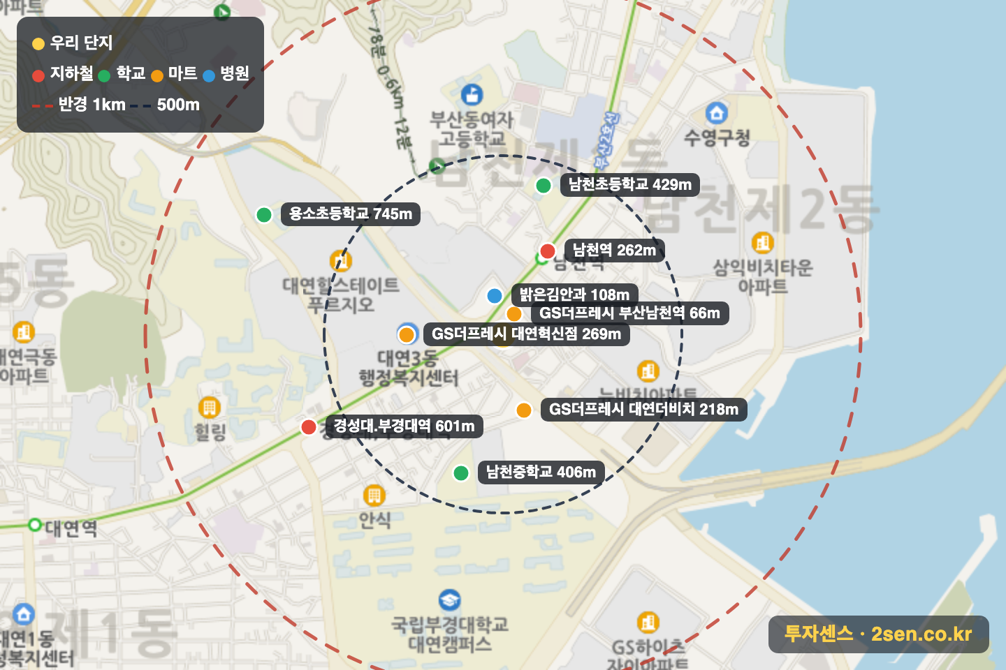 엑슬루타워 반경 1km 입지 지도(지하철·학교·마트)