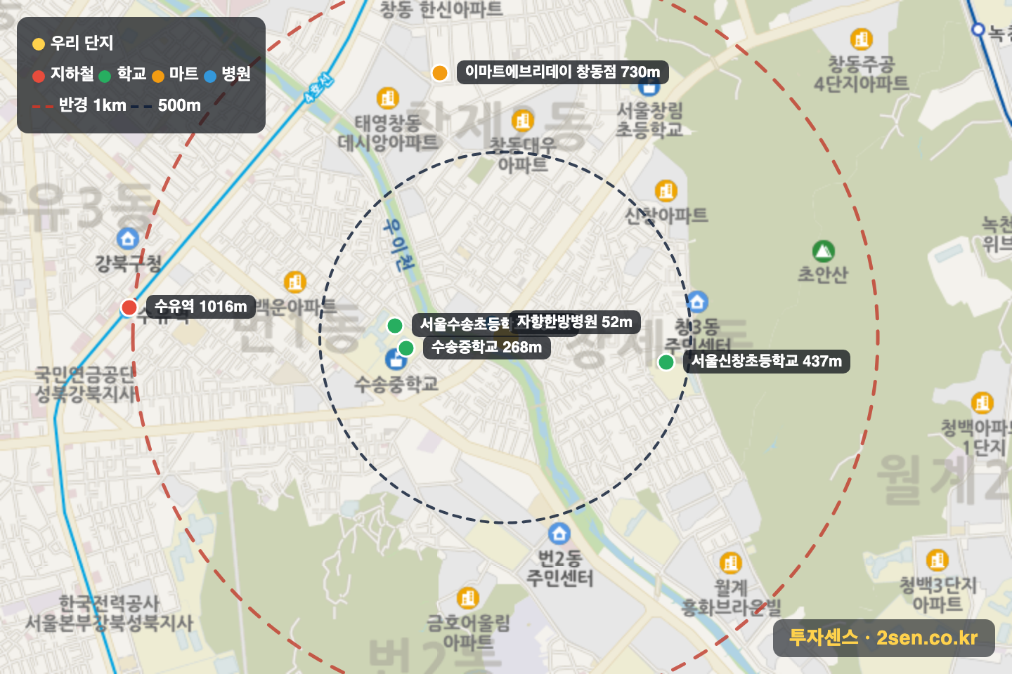 엘리시아 반경 1km 입지 지도(지하철·학교·마트)