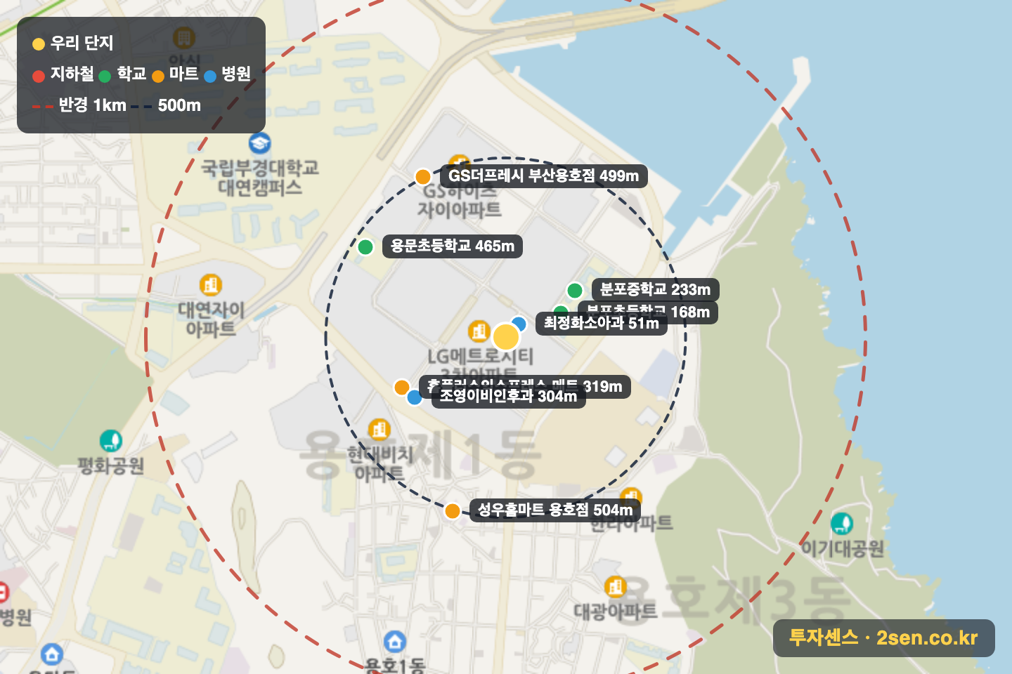 엘지메트로시티3 반경 1km 입지 지도(지하철·학교·마트)