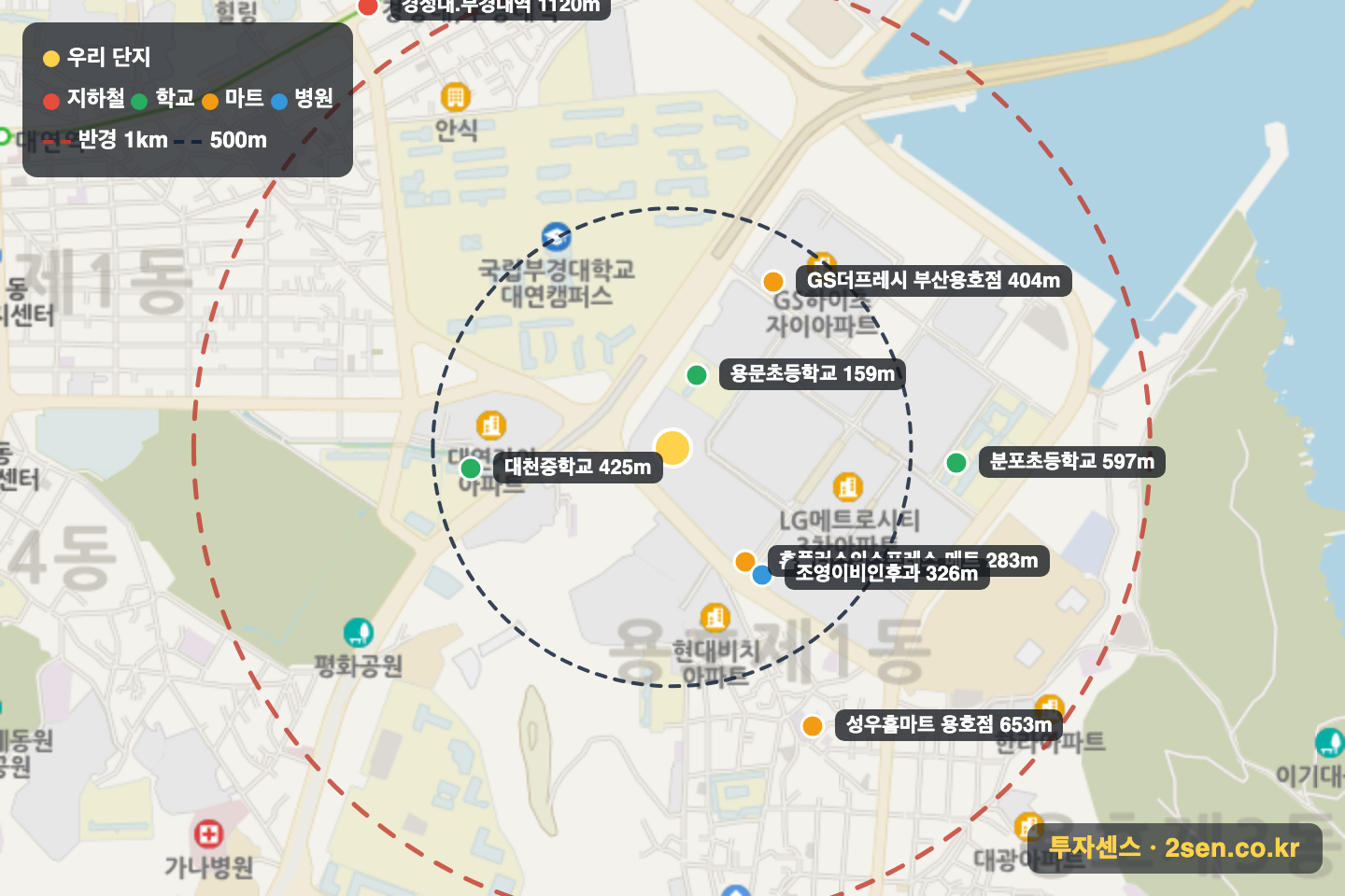 엘지메트로시티5 반경 1km 입지 지도(지하철·학교·마트)