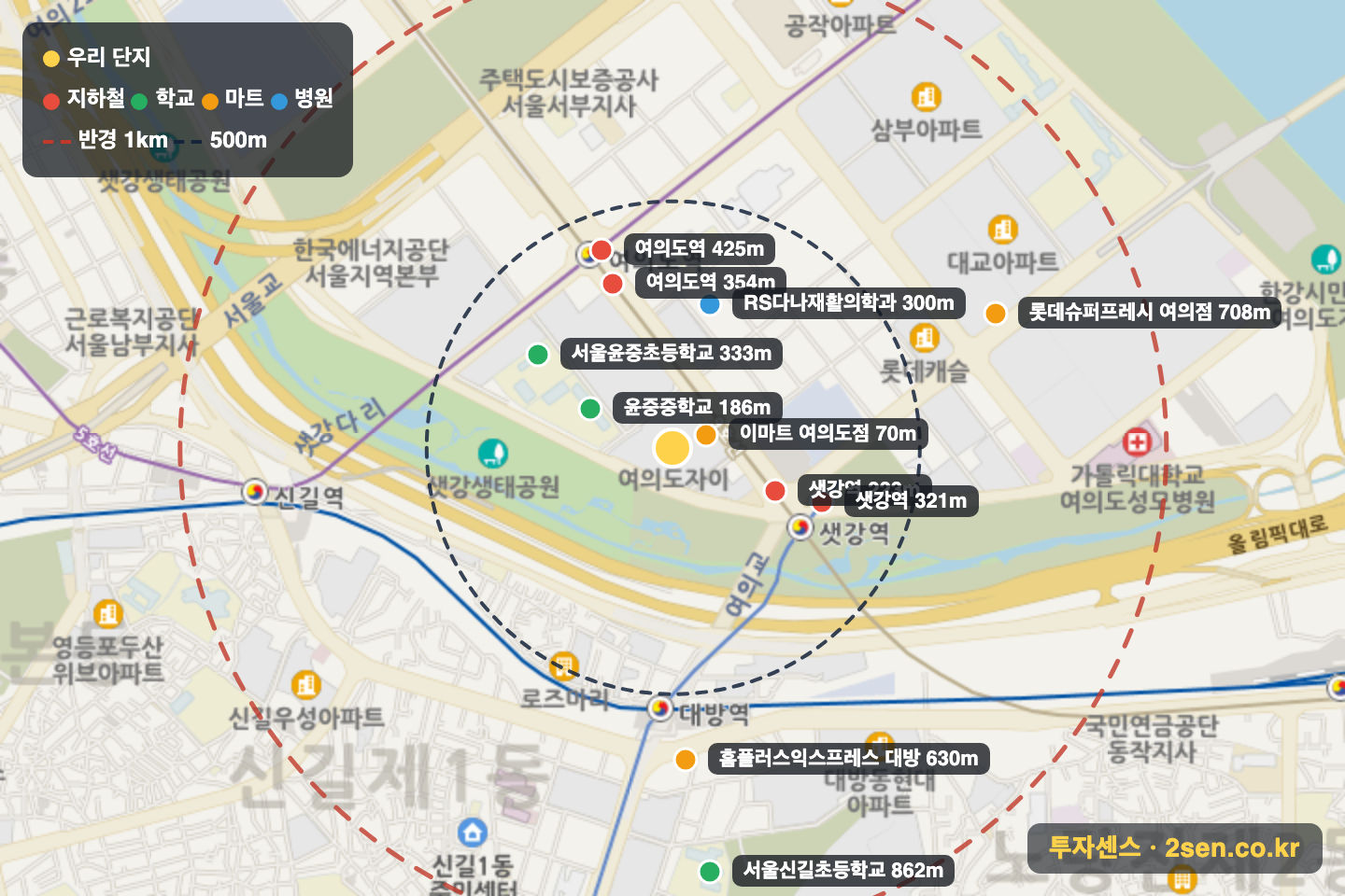 여의도자이 반경 1km 입지 지도(지하철·학교·마트)