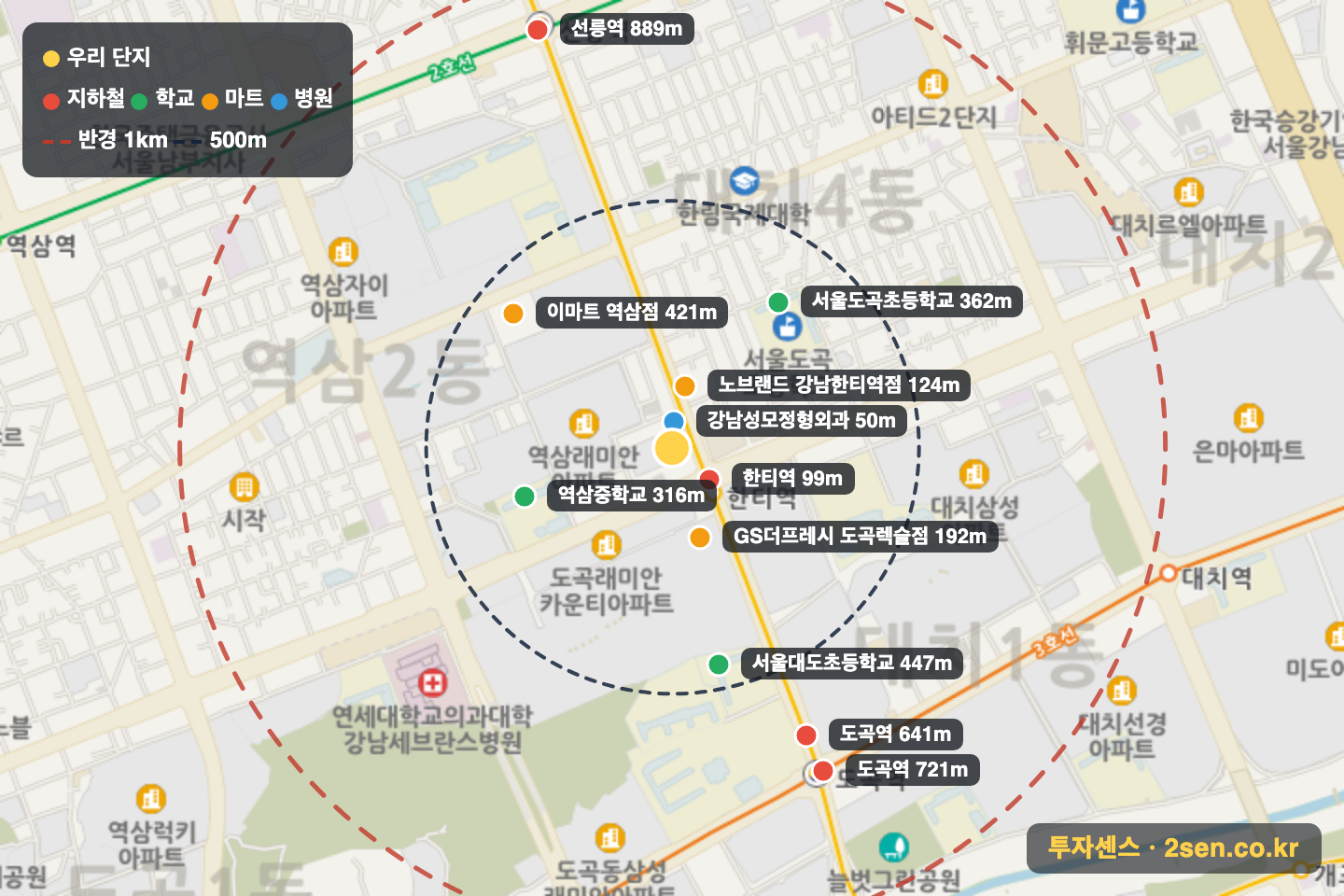 역삼2차아이파크 반경 1km 입지 지도(지하철·학교·마트)
