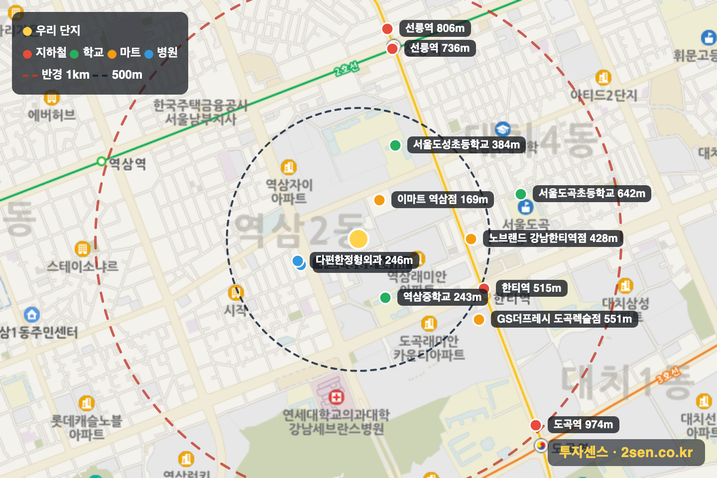 역삼푸르지오 반경 1km 입지 지도(지하철·학교·마트)