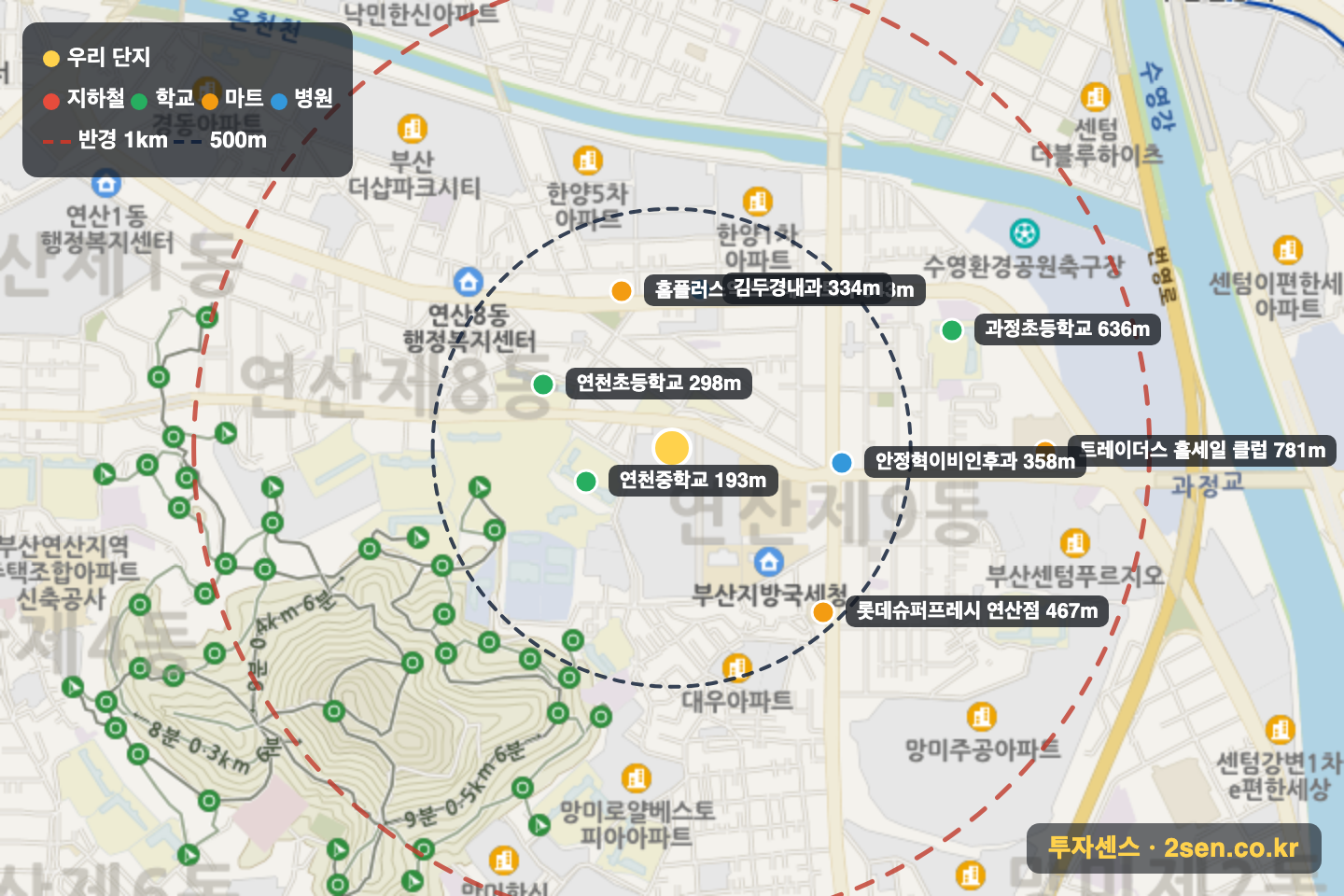 연산엘지 반경 1km 입지 지도(지하철·학교·마트)