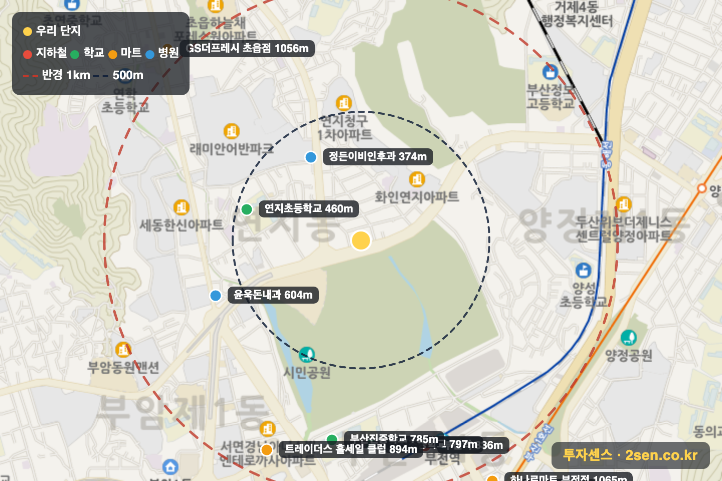 연지우성스마트시티뷰 반경 1km 입지 지도(지하철·학교·마트)