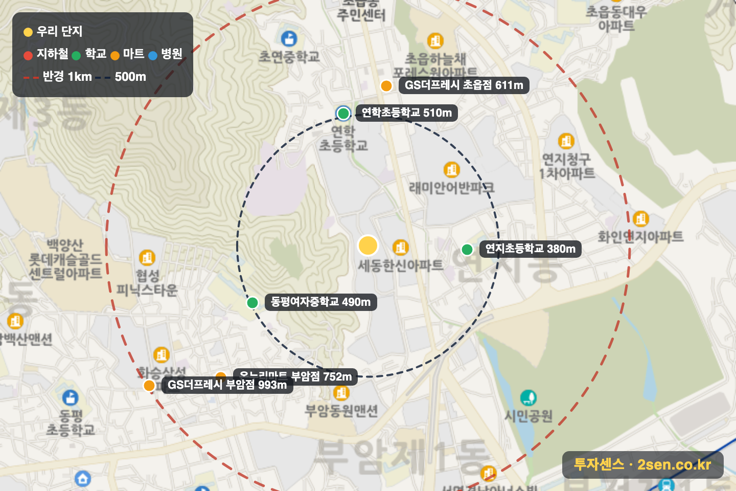 연지자이 반경 1km 입지 지도(지하철·학교·마트)