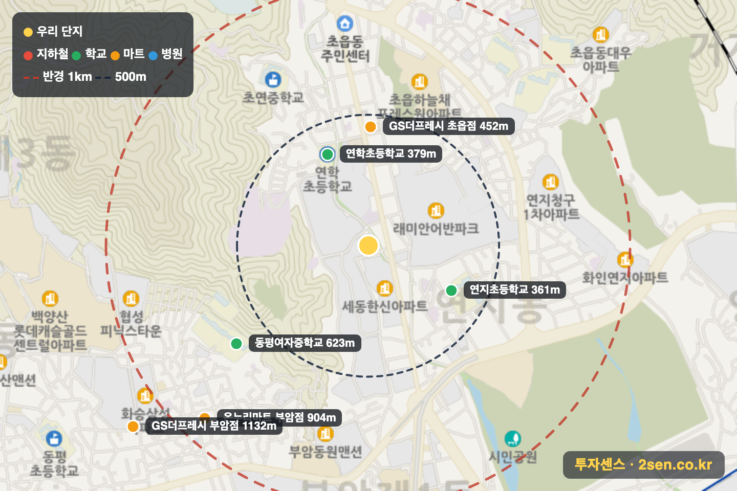 연지자이2차 반경 1km 입지 지도(지하철·학교·마트)