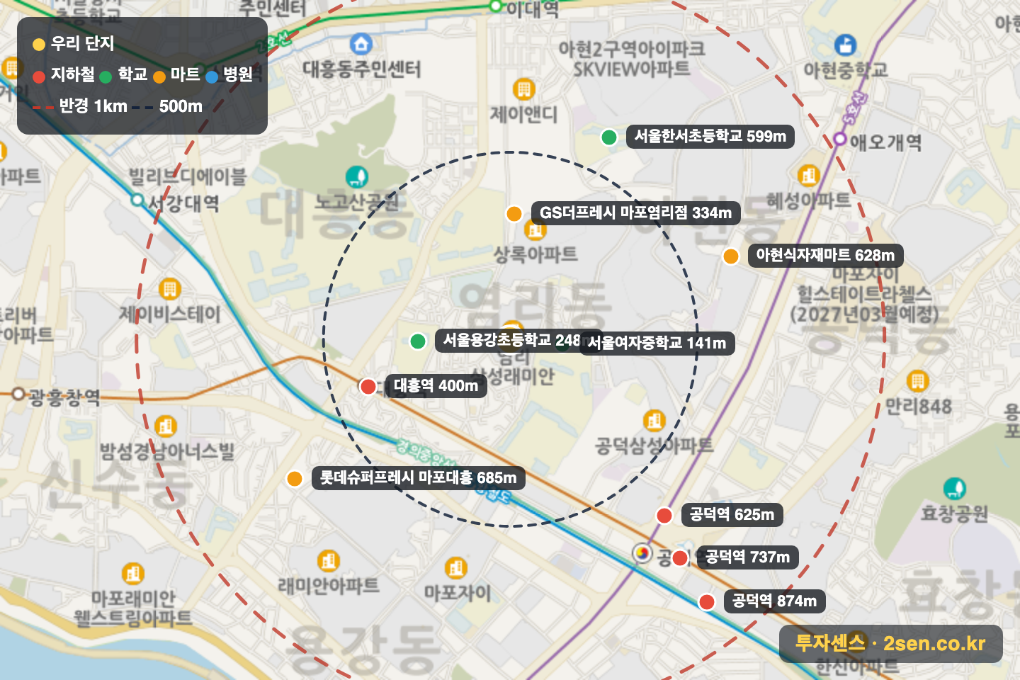 염리삼성래미안 반경 1km 입지 지도(지하철·학교·마트)