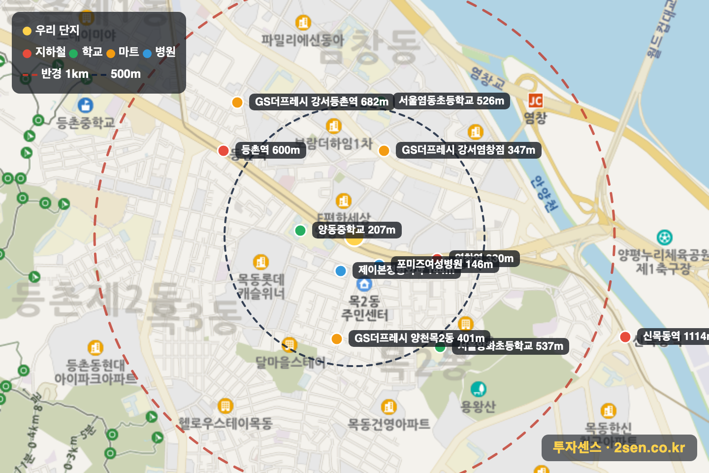 염창동한강우성 반경 1km 입지 지도(지하철·학교·마트)