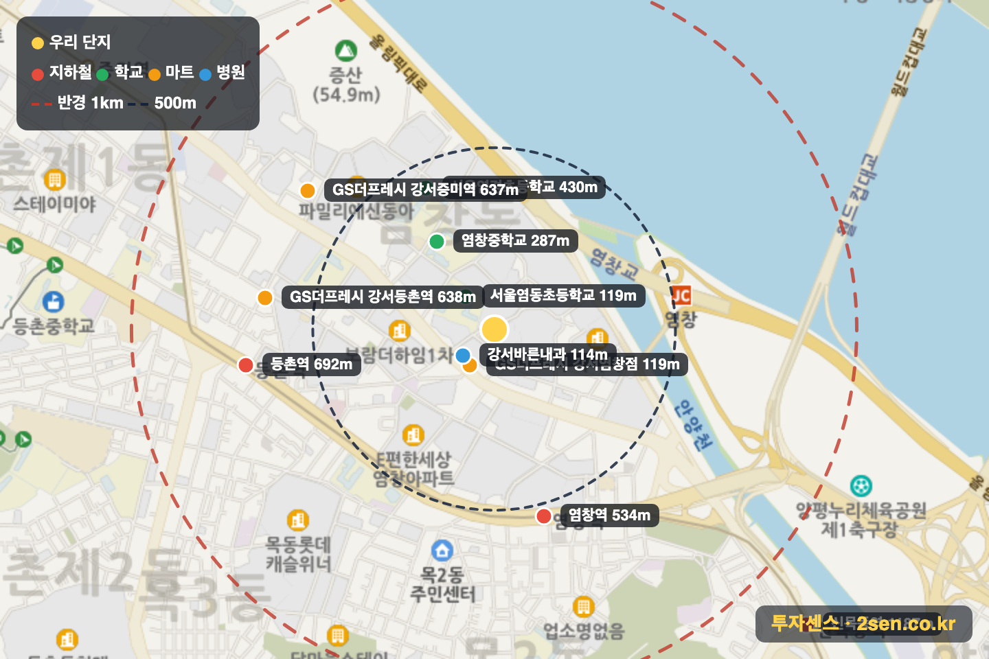 염창힐스테이트 반경 1km 입지 지도(지하철·학교·마트)