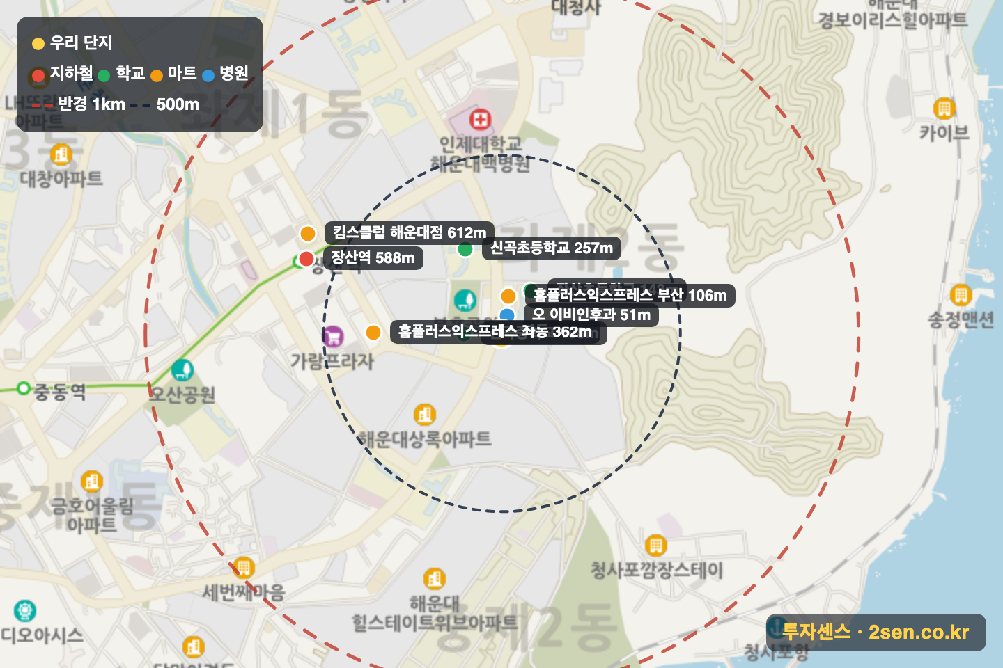 영남 반경 1km 입지 지도(지하철·학교·마트)