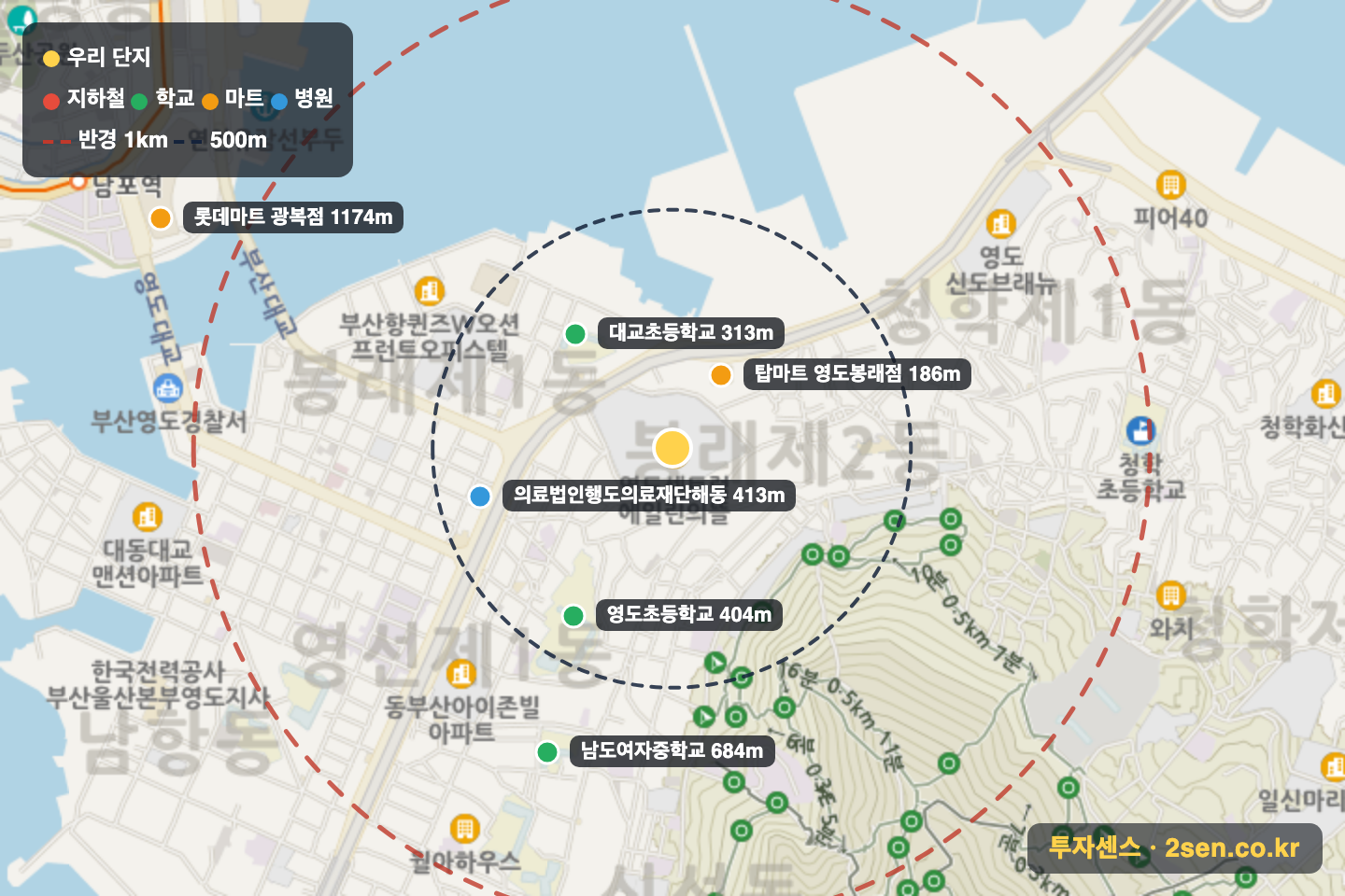 영도센트럴에일린의뜰 반경 1km 입지 지도(지하철·학교·마트)