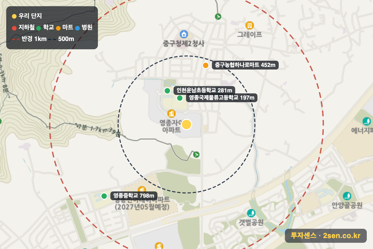 영종자이 반경 1km 입지 지도(지하철·학교·마트)
