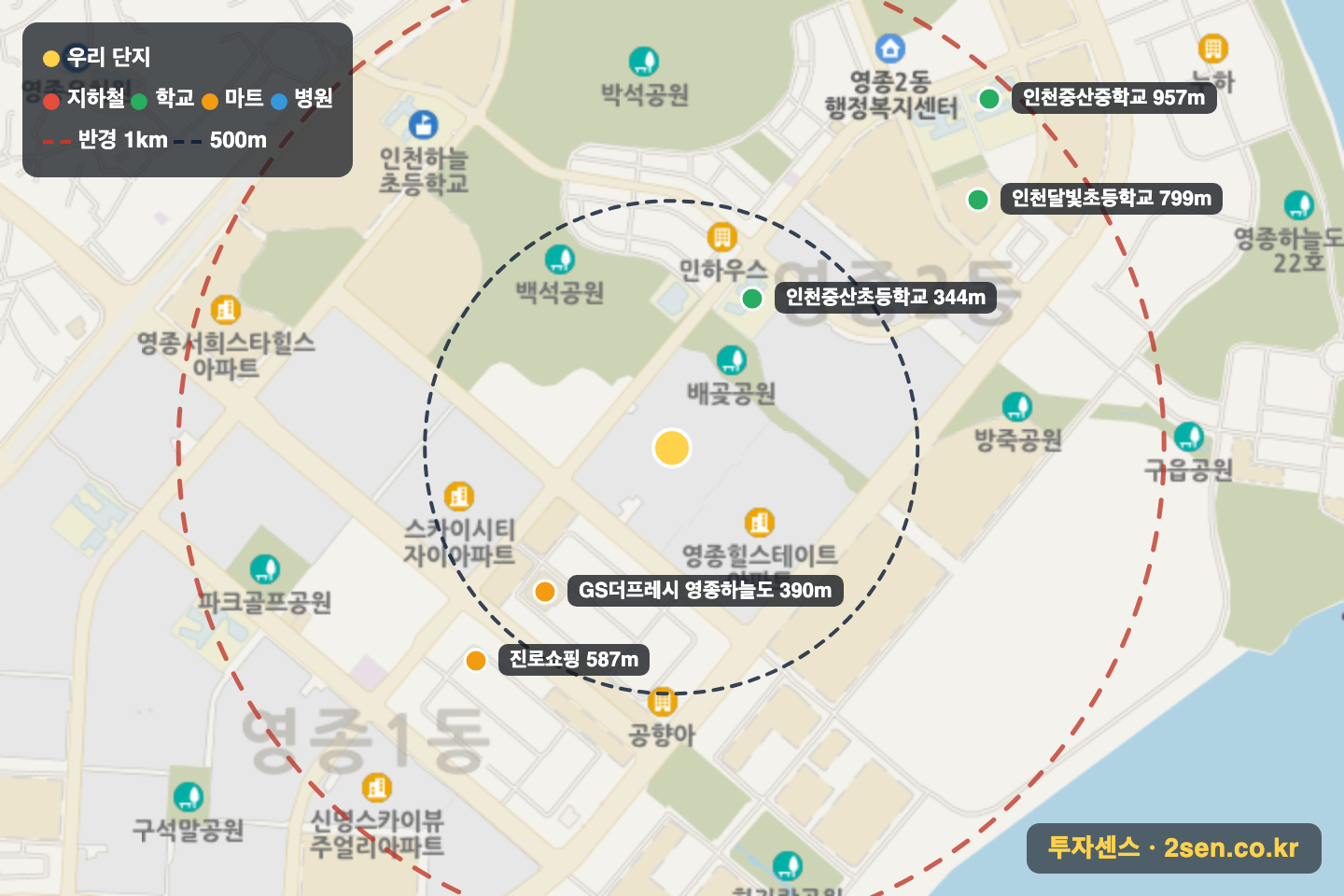 영종하늘도시한라비발디 반경 1km 입지 지도(지하철·학교·마트)