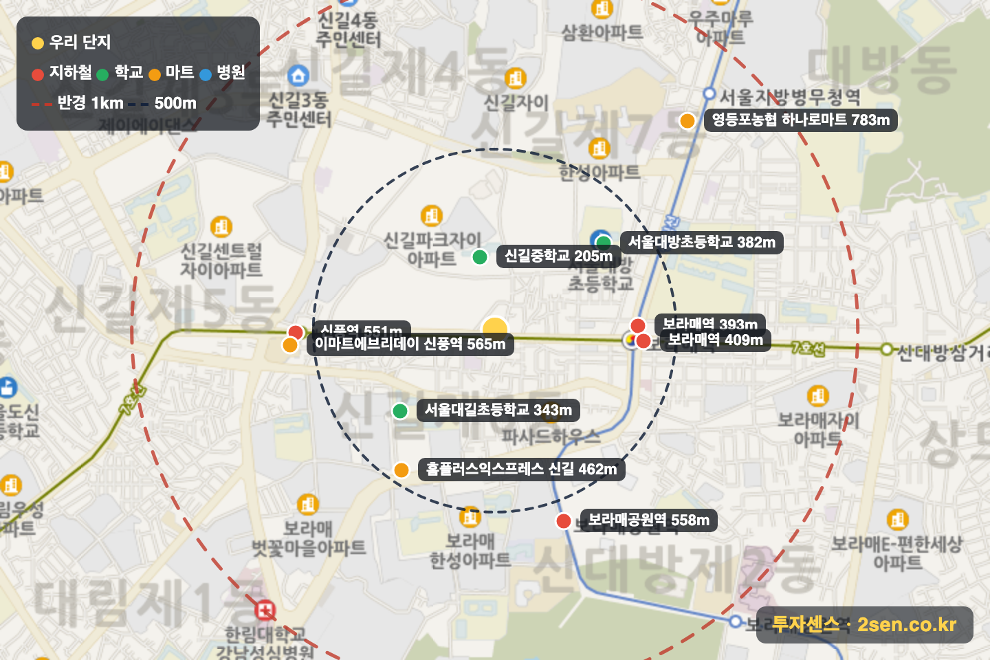 영진 반경 1km 입지 지도(지하철·학교·마트)