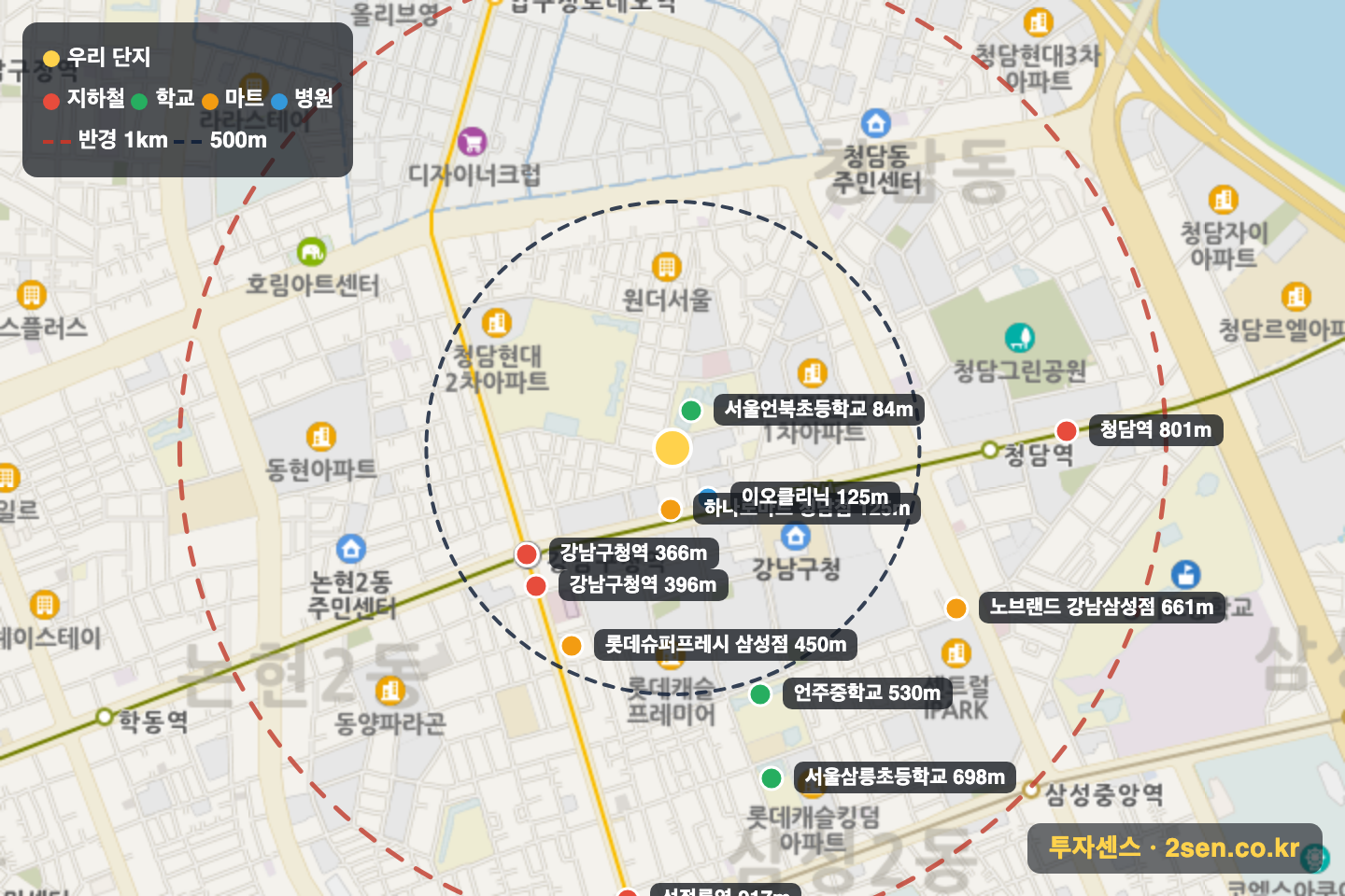 영풍마드레빌 반경 1km 입지 지도(지하철·학교·마트)