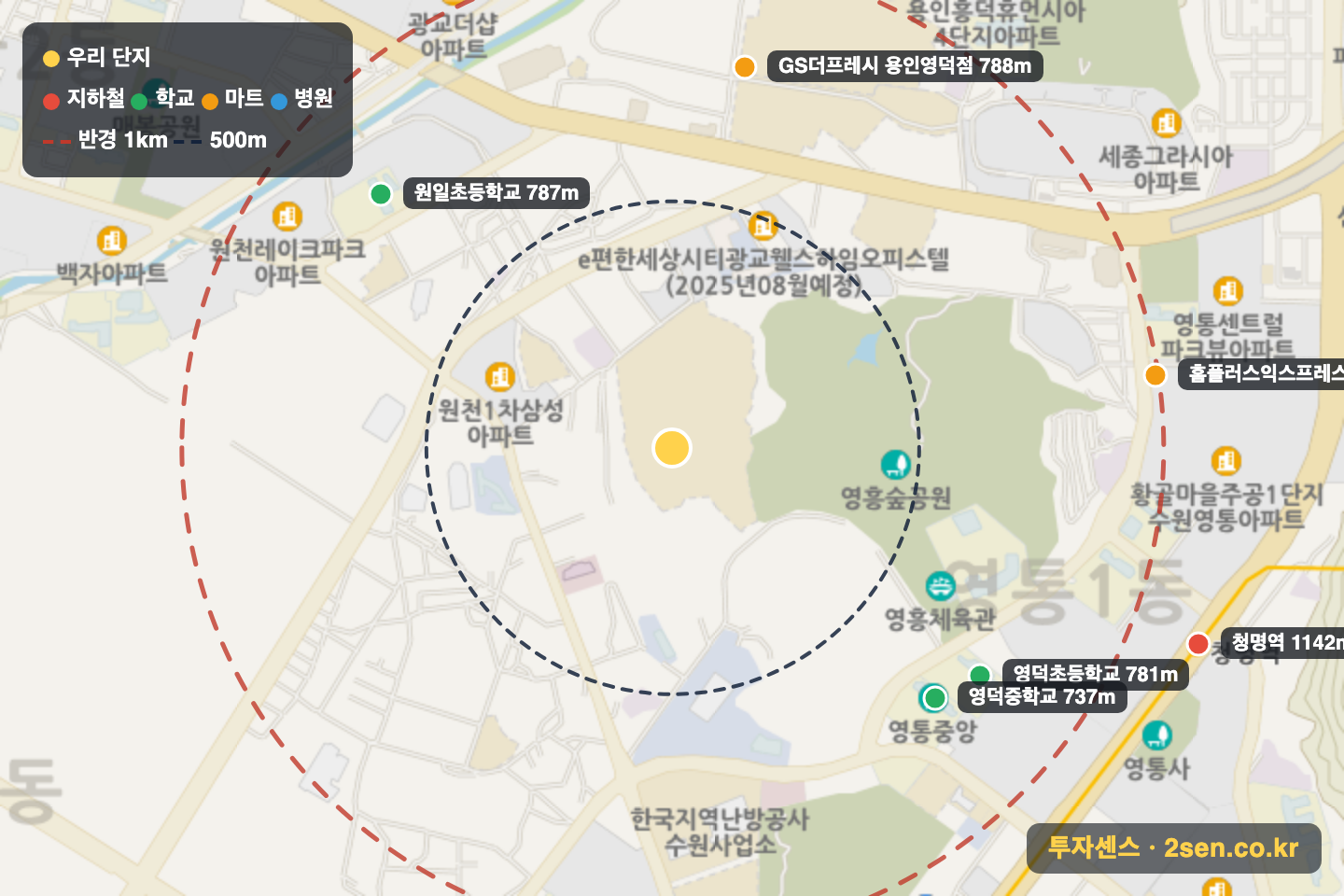 영흥숲푸르지오파크비엔 반경 1km 입지 지도(지하철·학교·마트)