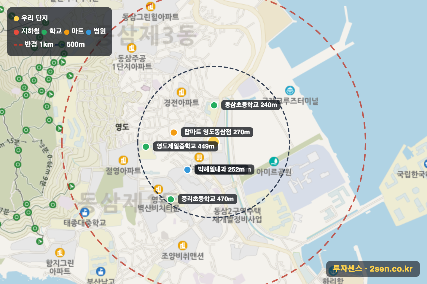 오션라이프에일린의뜰1단지 반경 1km 입지 지도(지하철·학교·마트)