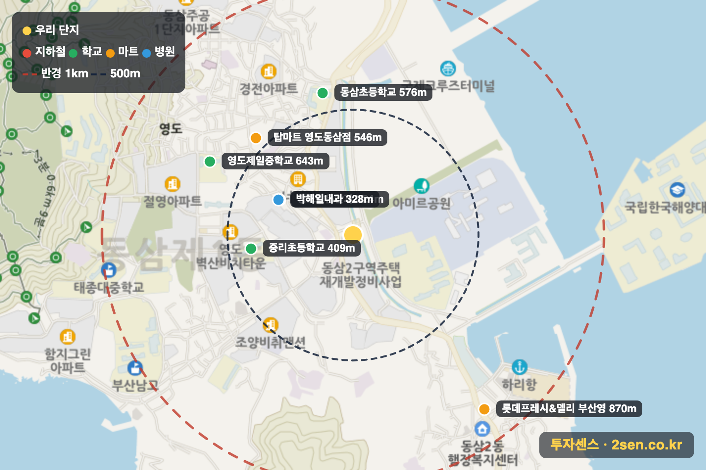 오션라이프에일린의뜰2단지 반경 1km 입지 지도(지하철·학교·마트)