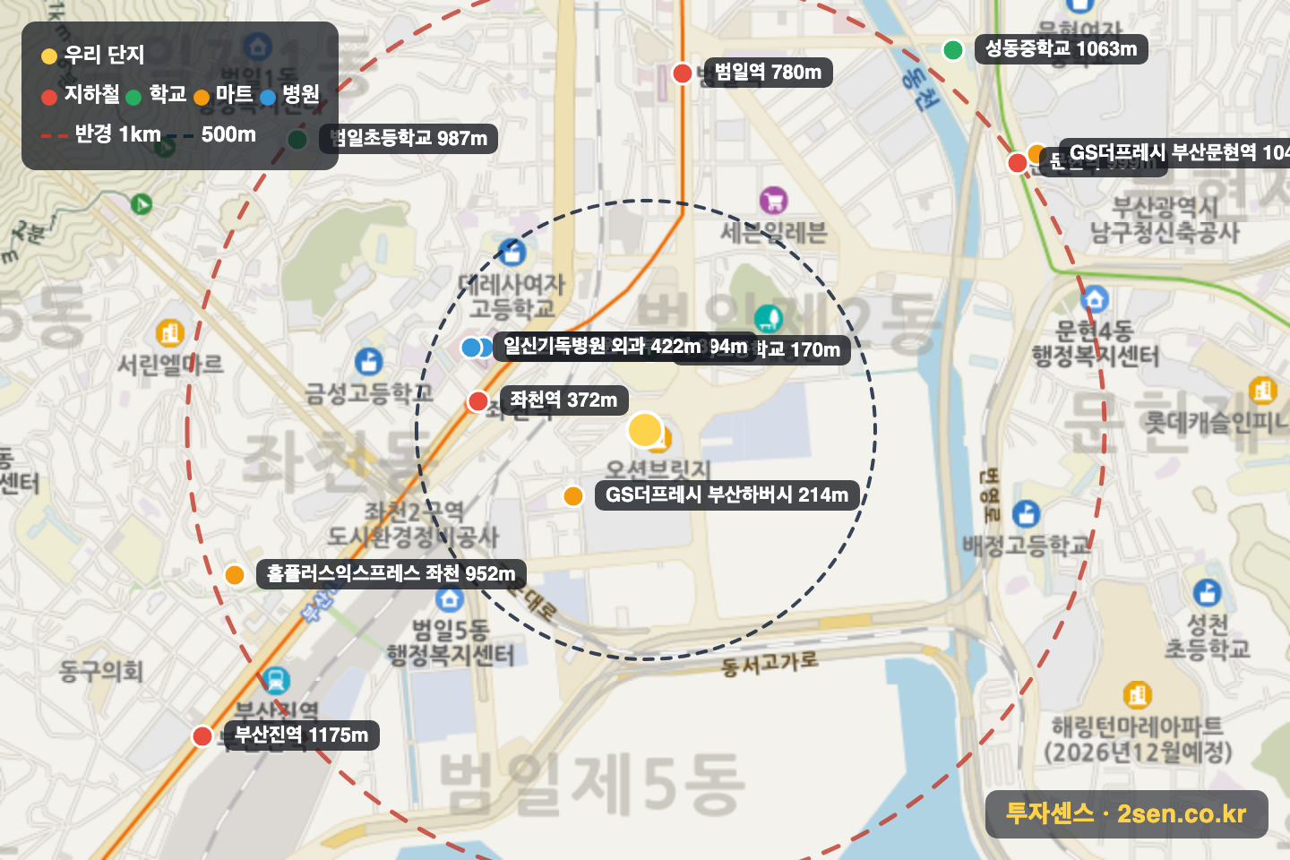 오션브릿지 반경 1km 입지 지도(지하철·학교·마트)