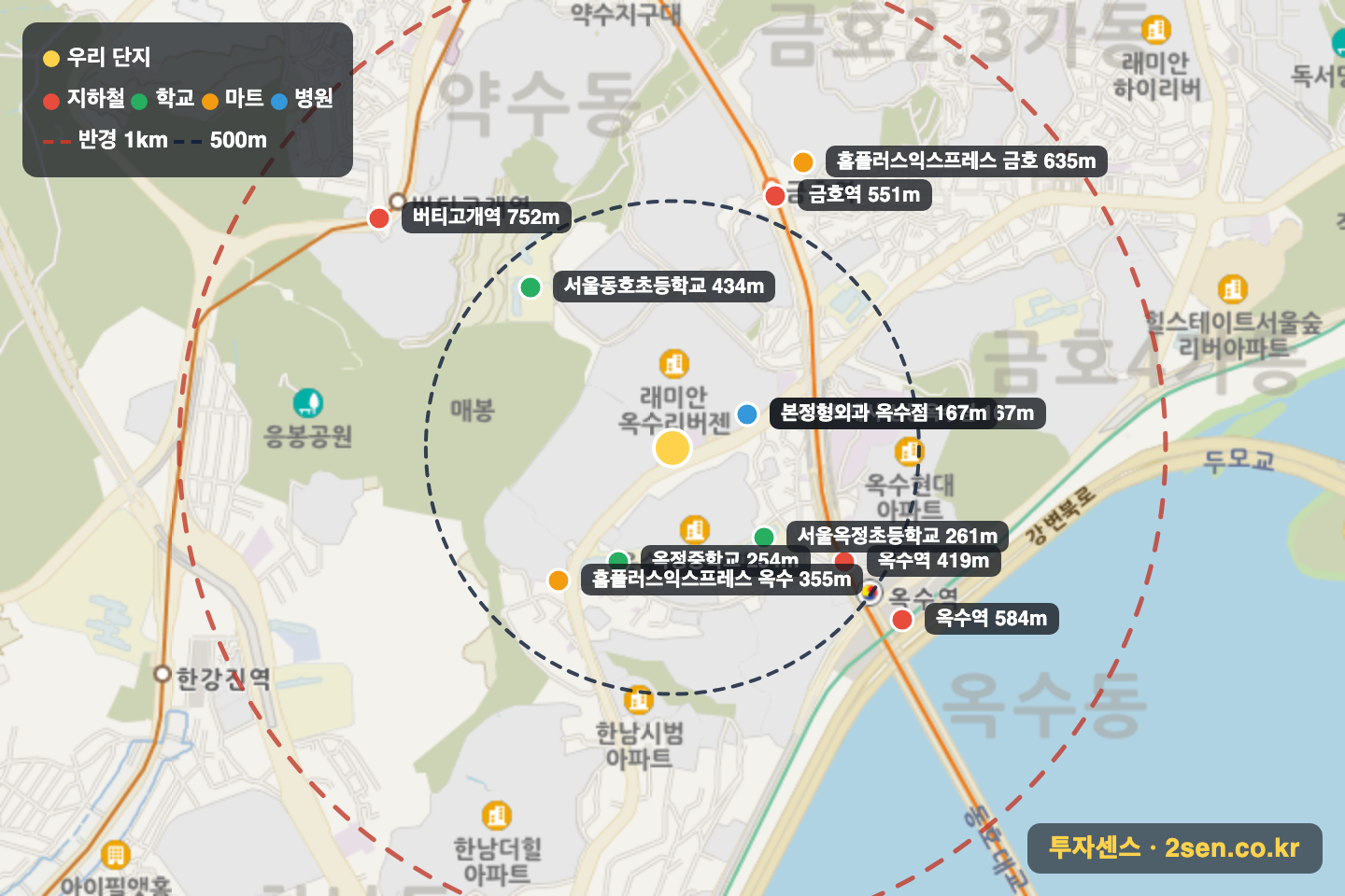 옥수파크힐스101동~116동 반경 1km 입지 지도(지하철·학교·마트)