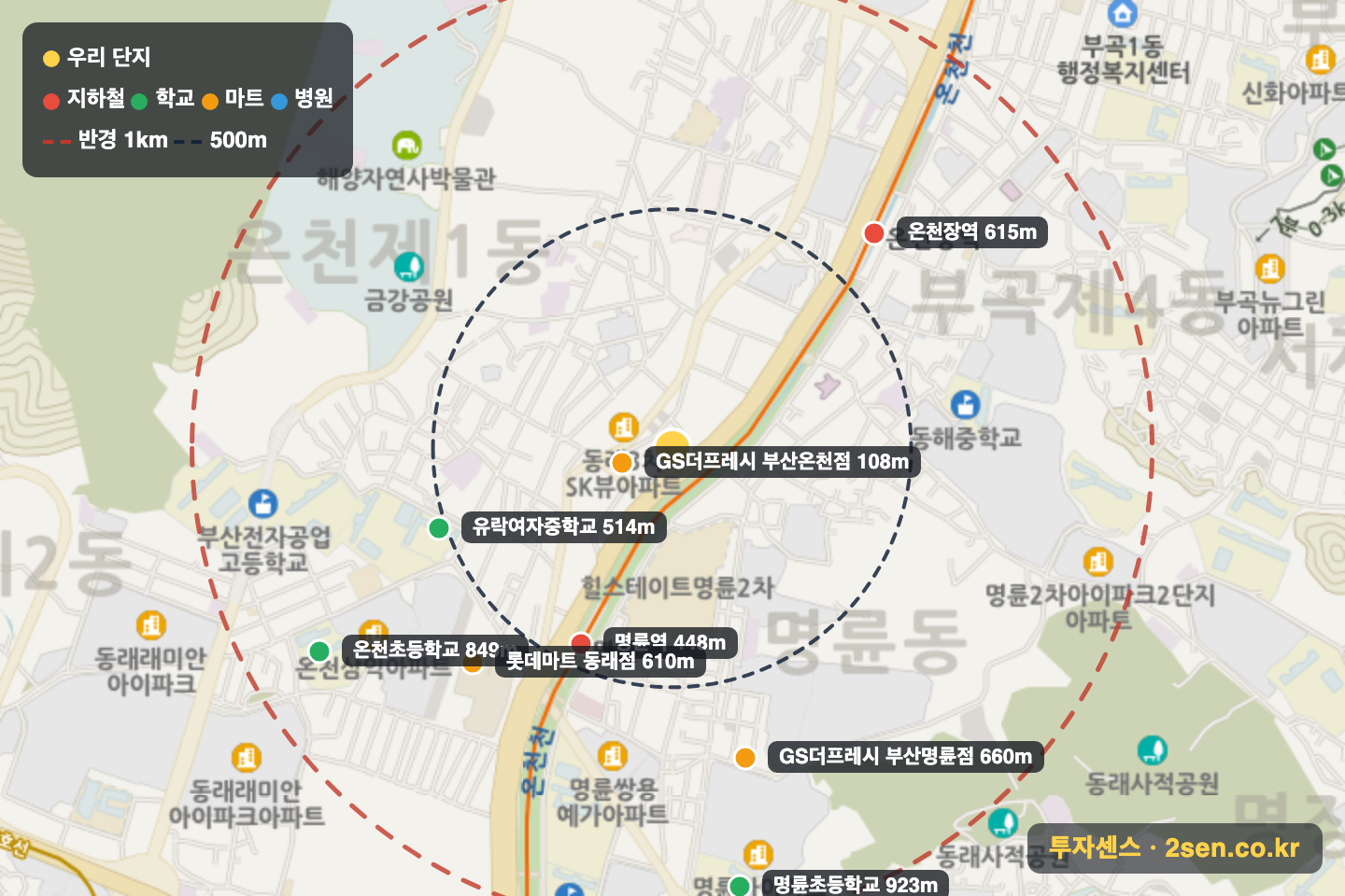 온천동유림노르웨이숲 반경 1km 입지 지도(지하철·학교·마트)
