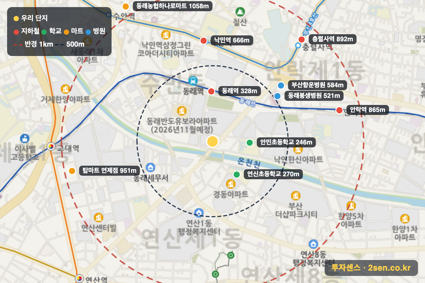 온천천경동리인타워 반경 1km 입지 지도(지하철·학교·마트)