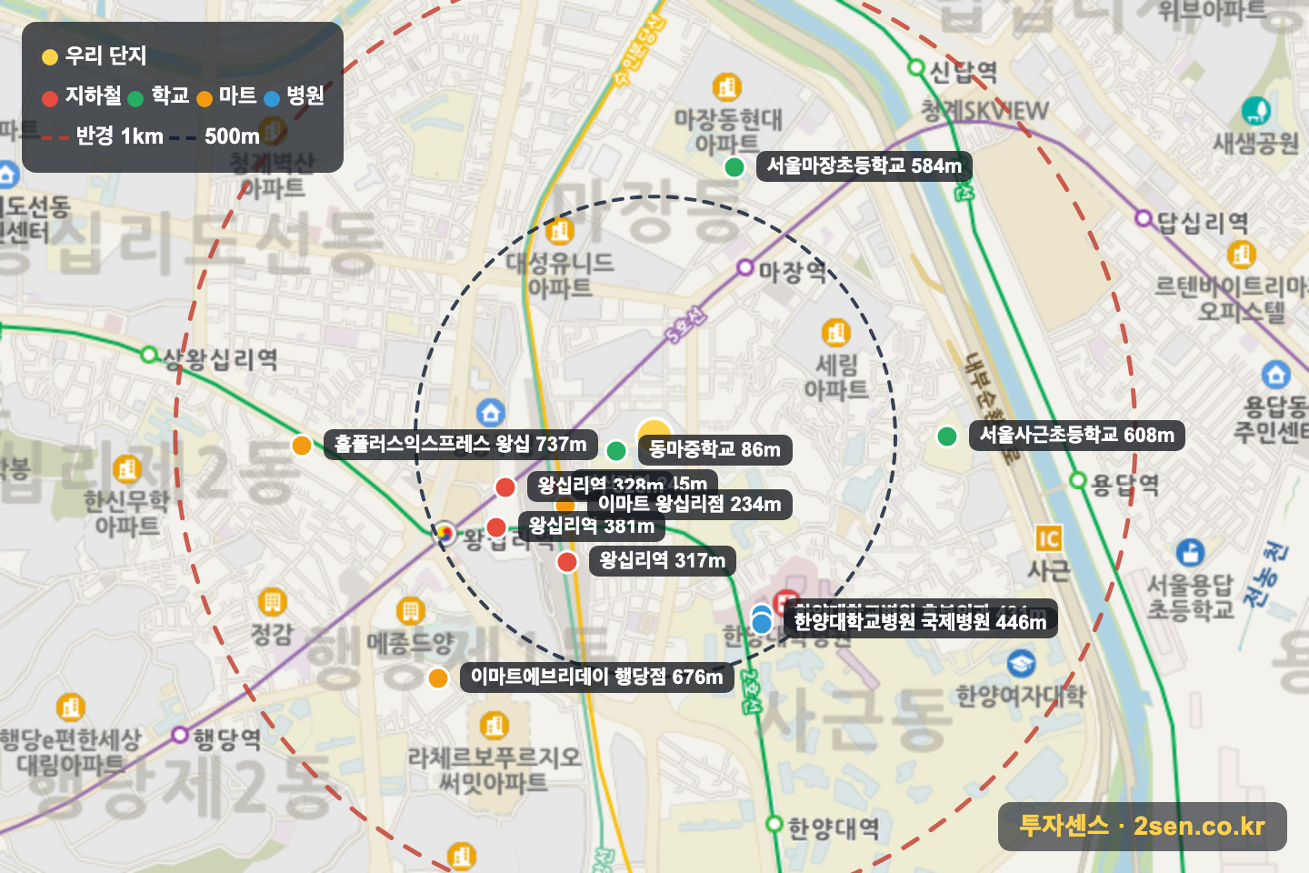 왕십리금호어울림 반경 1km 입지 지도(지하철·학교·마트)