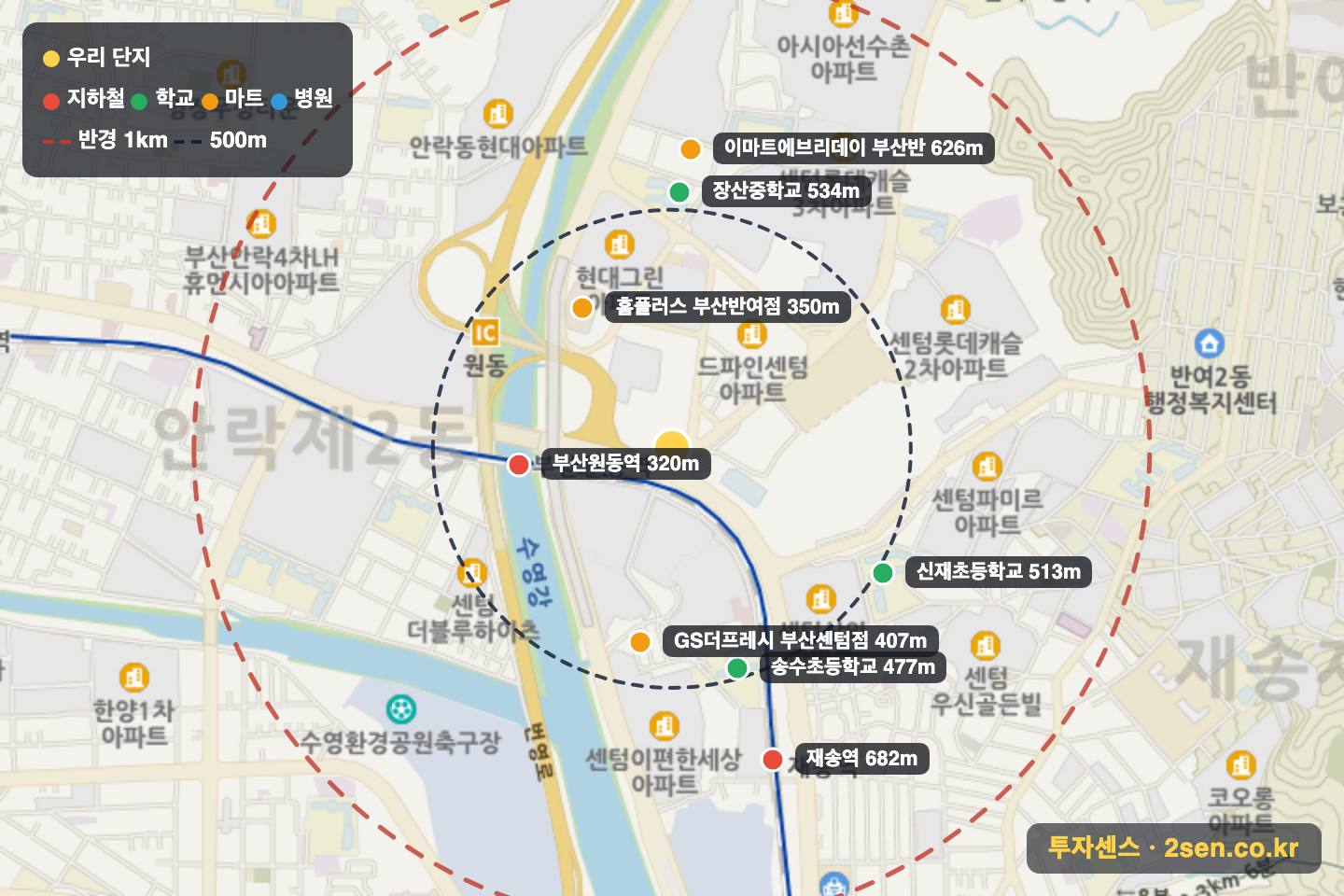 왕자 반경 1km 입지 지도(지하철·학교·마트)