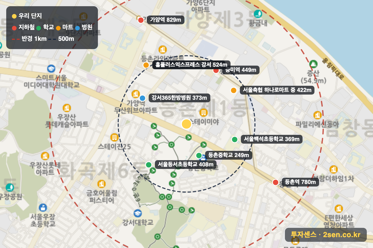 우당 반경 1km 입지 지도(지하철·학교·마트)